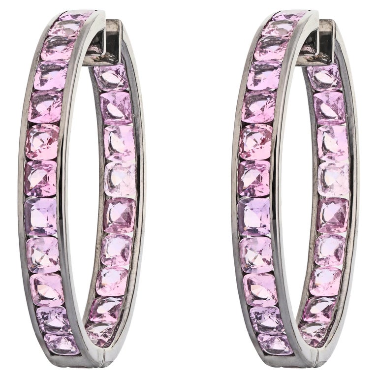 14.28 Carats Pink Sapphire Hoop Earrings in ArtDeco Style For Sale at