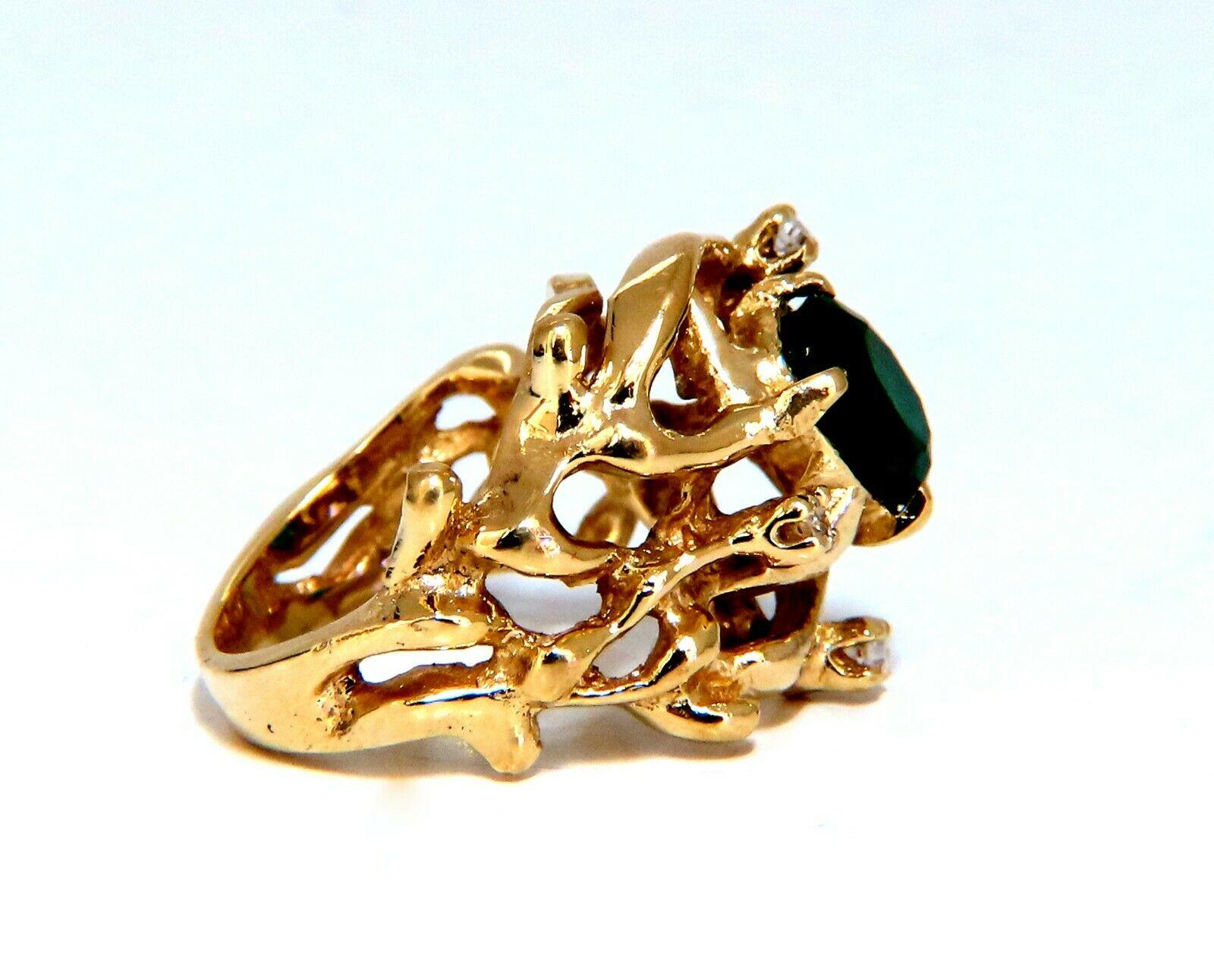 Emerald Cut 1.42ct Natural Vivid Green Emerald Diamonds Nugget Vine Ring 14kt For Sale