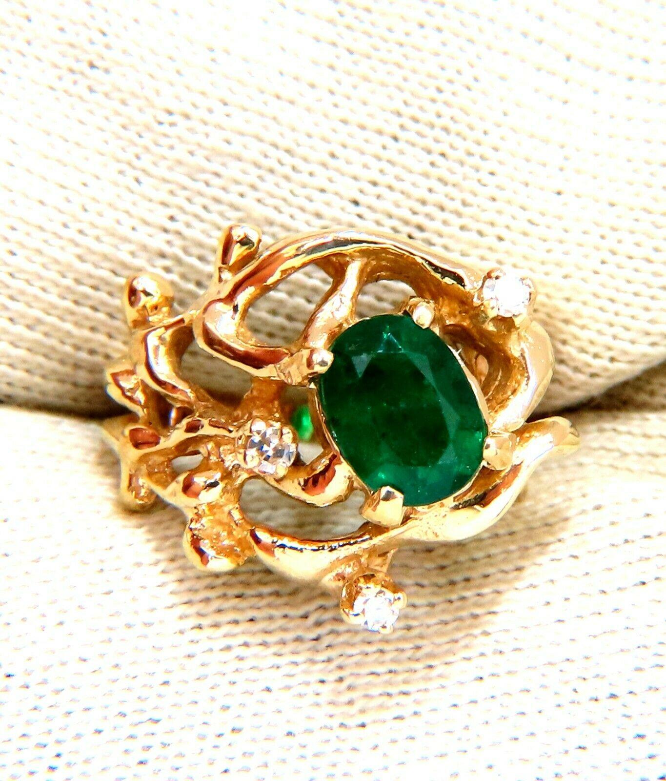 1.42ct Natural Vivid Green Emerald Diamonds Nugget Vine Ring 14kt In New Condition For Sale In New York, NY