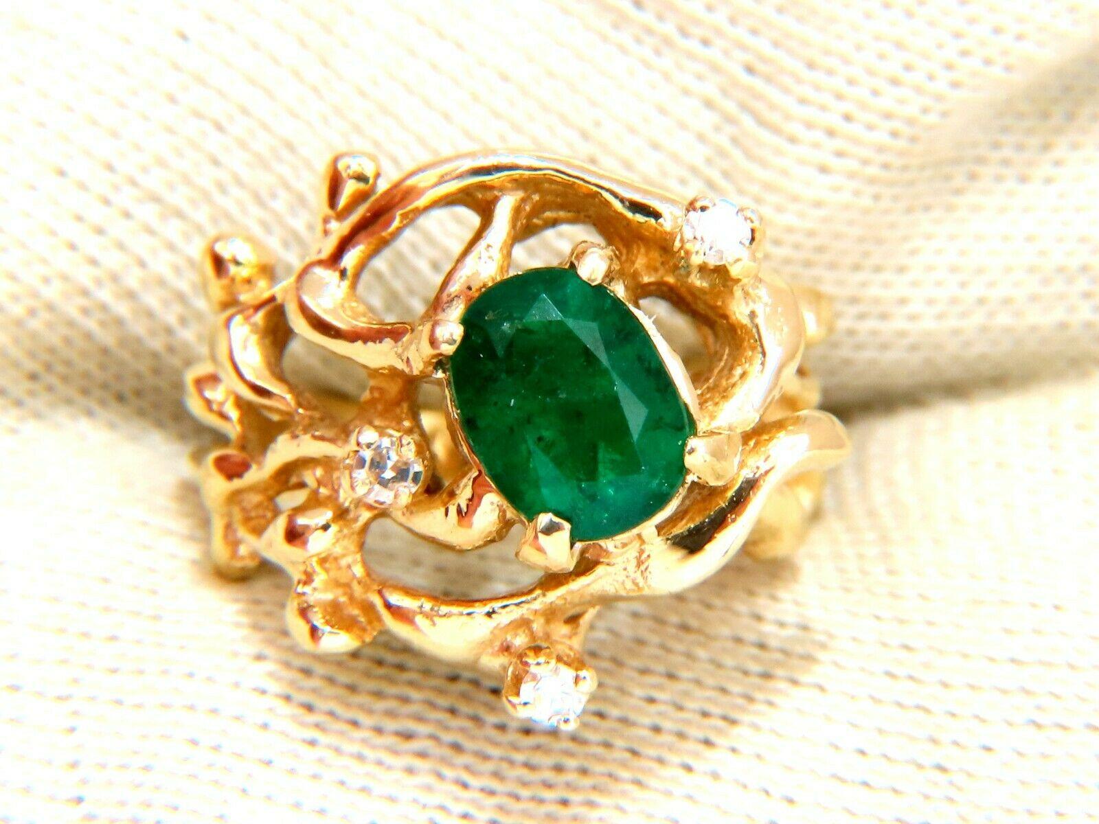 1.42ct Natural Vivid Green Emerald Diamonds Nugget Vine Ring 14kt For Sale 1