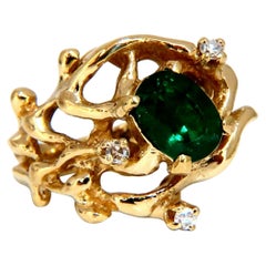 1.42ct Natural Vivid Green Emerald Diamonds Nugget Vine Ring 14kt*