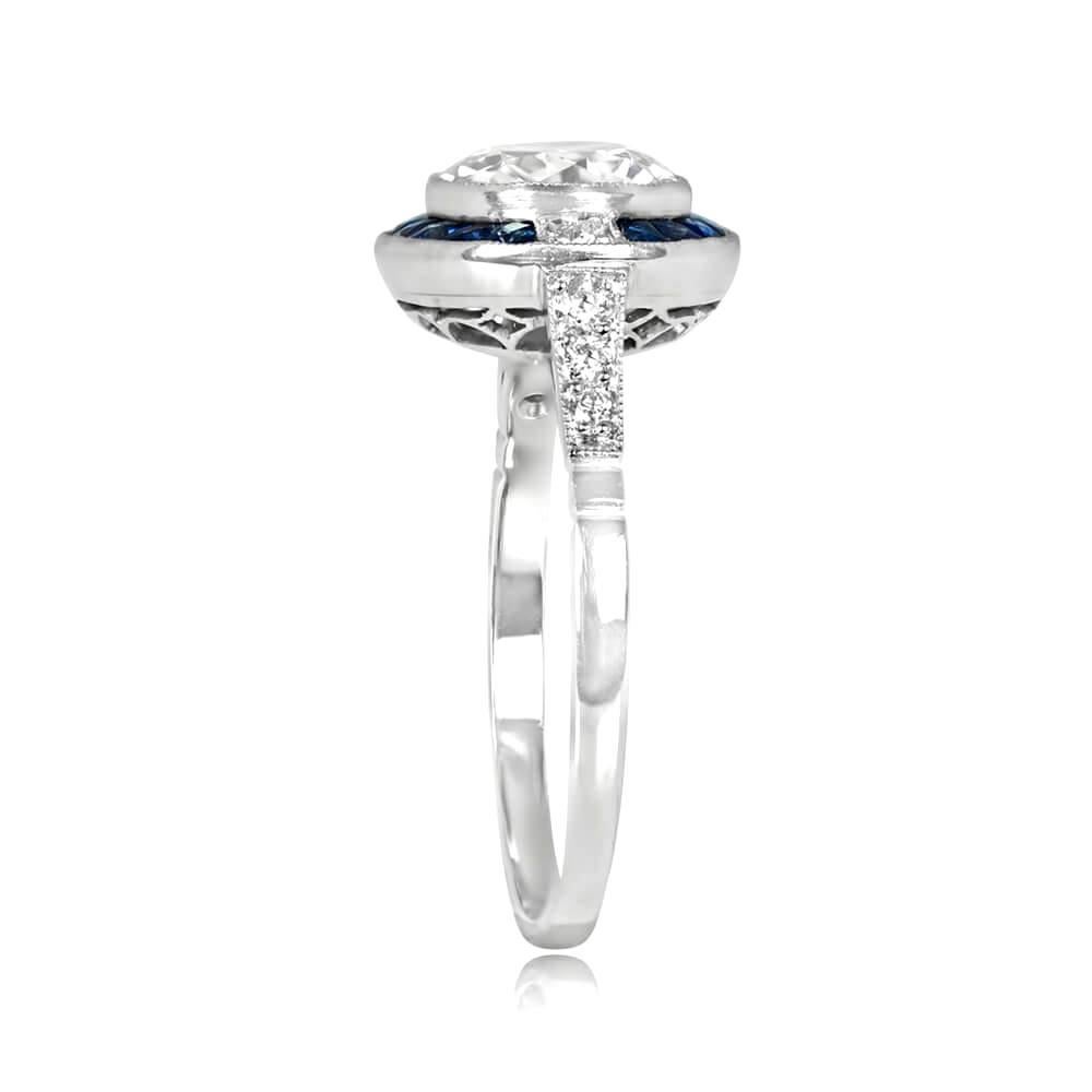 Art Deco 1.42 Carat Old Euro-cut Diamond Engagement Ring, Sapphire Halo, Platinum For Sale