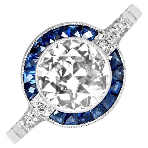 1.42 Carat Old Euro-cut Diamond Engagement Ring, Sapphire Halo, Platinum For Sale
