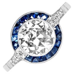 Bague de fiançailles en platine avec diamant taille européenne ancienne 1,42 carat, halo de saphirs