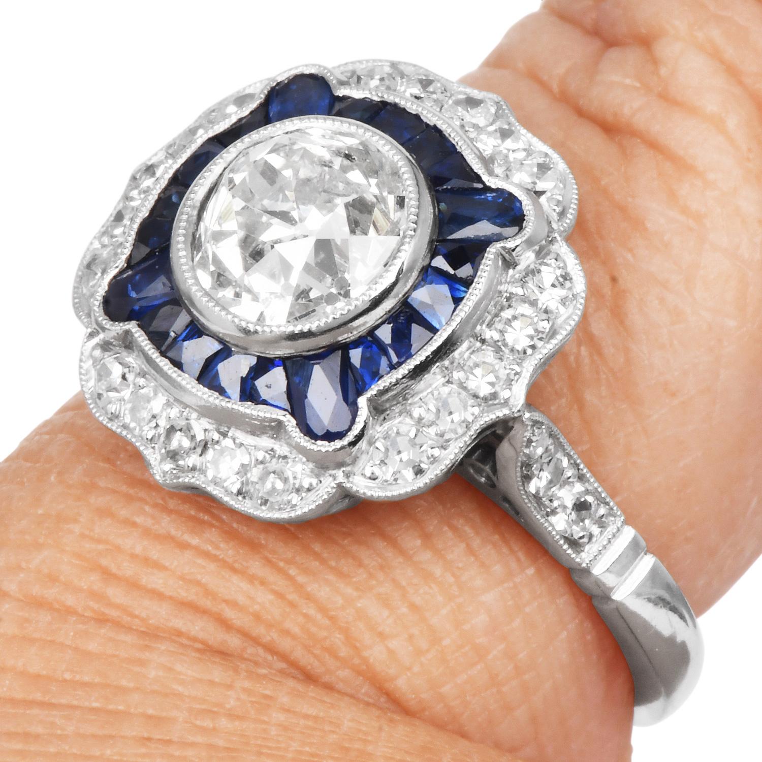 Anello di fidanzamento in platino con diamante e zaffiro di 1,42 carati con taglio europeo antico in vendita 4