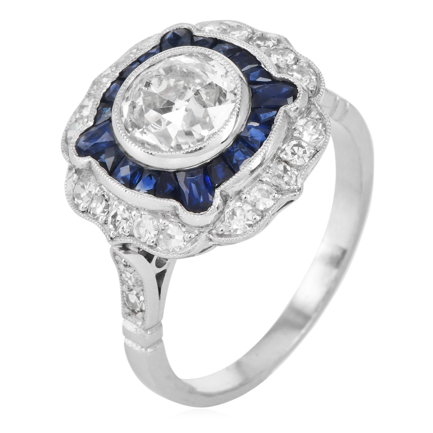 Anello di fidanzamento in platino con diamante e zaffiro di 1,42 carati con taglio europeo antico In condizioni ottime in vendita a Miami, FL
