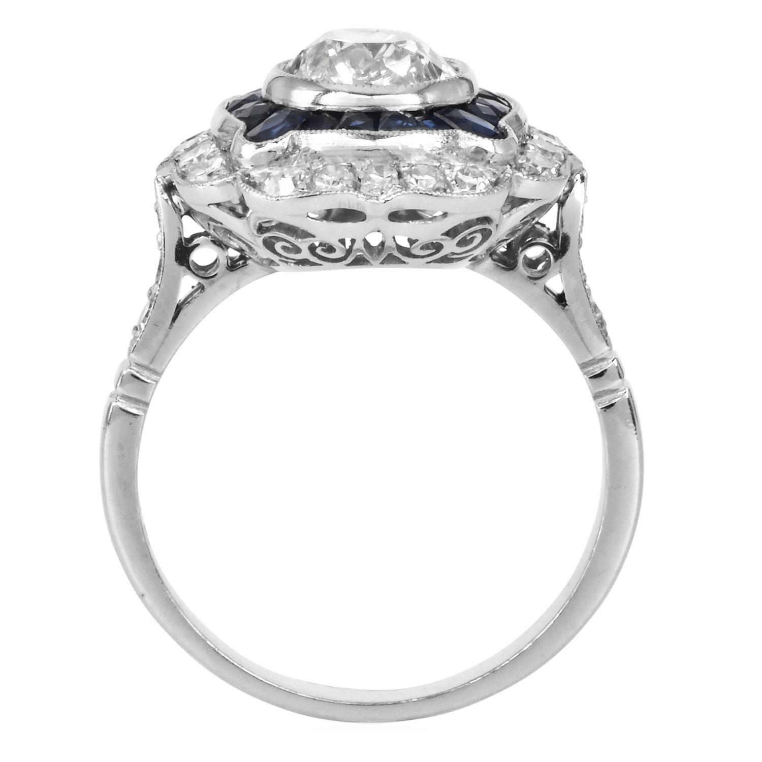 Anello di fidanzamento in platino con diamante e zaffiro di 1,42 carati con taglio europeo antico in vendita 1
