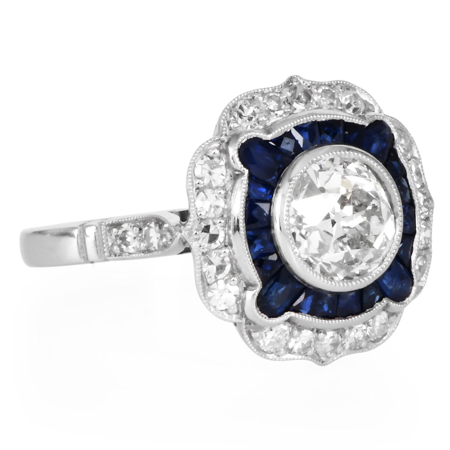Anello di fidanzamento in platino con diamante e zaffiro di 1,42 carati con taglio europeo antico in vendita 2