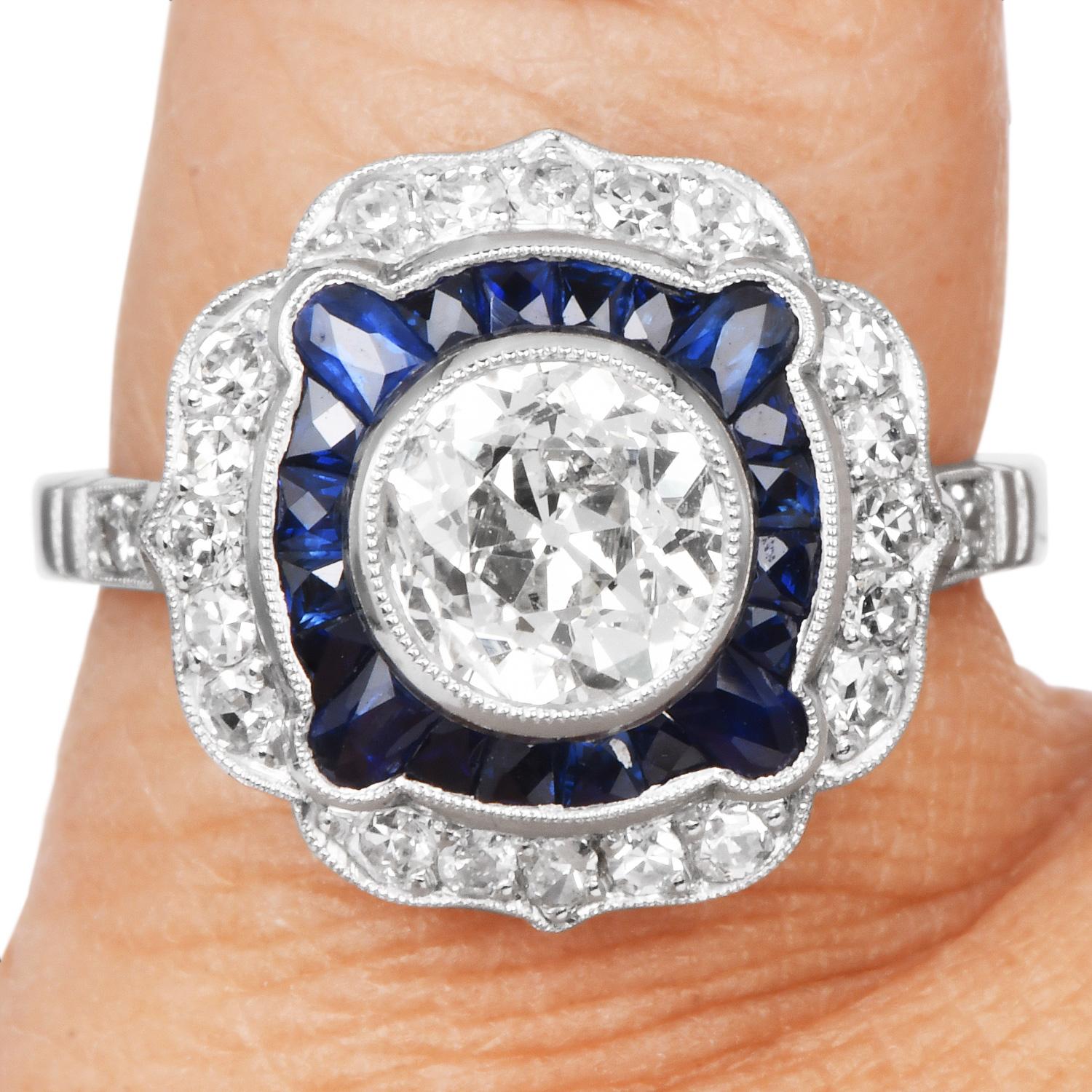 Anello di fidanzamento in platino con diamante e zaffiro di 1,42 carati con taglio europeo antico in vendita 3