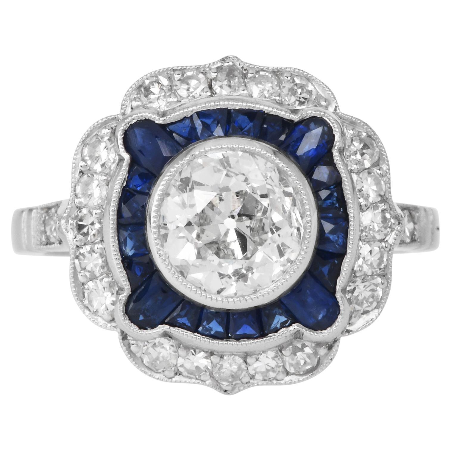 1.42ct Old European Cut Diamond & Sapphire Engagement Platinum Ring