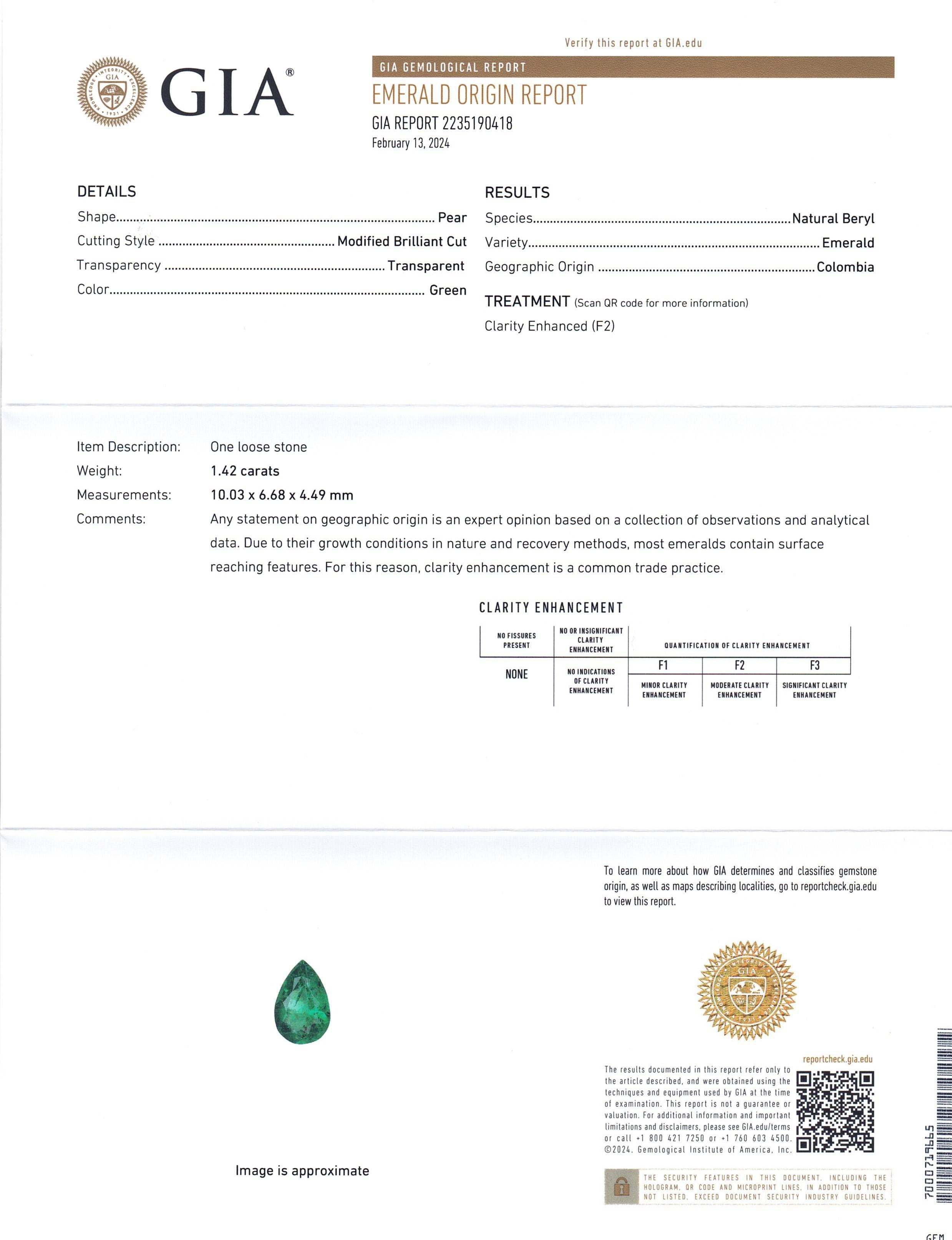 This is a stunning GIA Certified Emerald 


The GIA report reads as follows:

GIA Report Number: 2235190418
Shape: Pear
Cutting Style: Modified Brilliant Cut
Cutting Style: Crown: 
Cutting Style: Pavilion: 
Transparency: Transparent
Colour: