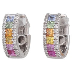 1.42ctw Diamond Multicolor Sapphire Hoop Huggie Earrings 14k White Gold Hoops 1.42ctw Diamond Multicolor Sapphire Hoop Huggie Earrings 14k White Gold Hoops