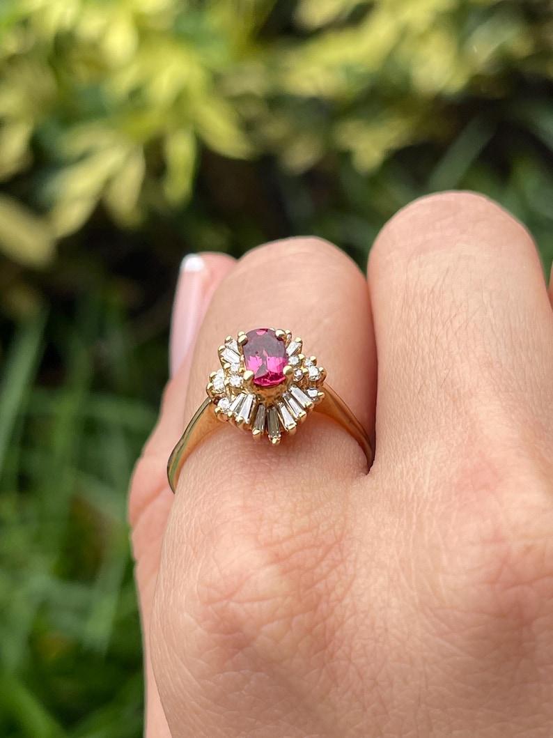 Modern 1.42tcw 14K Rubellite Tourmaline & Diamond Ballerina Ring Cushion-Oval Gold Ring For Sale