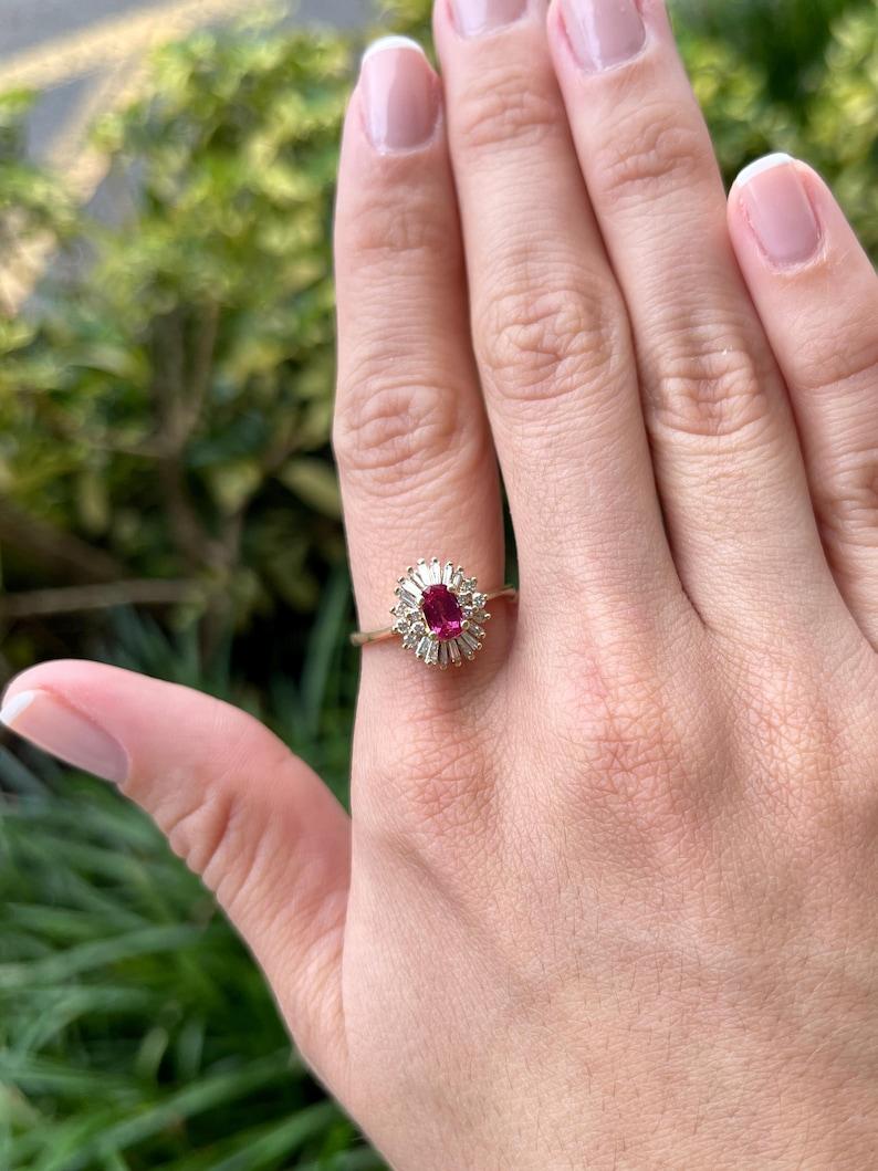 Cushion Cut 1.42tcw 14K Rubellite Tourmaline & Diamond Ballerina Ring Cushion-Oval Gold Ring For Sale