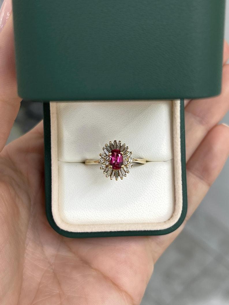 Women's 1.42tcw 14K Rubellite Tourmaline & Diamond Ballerina Ring Cushion-Oval Gold Ring For Sale