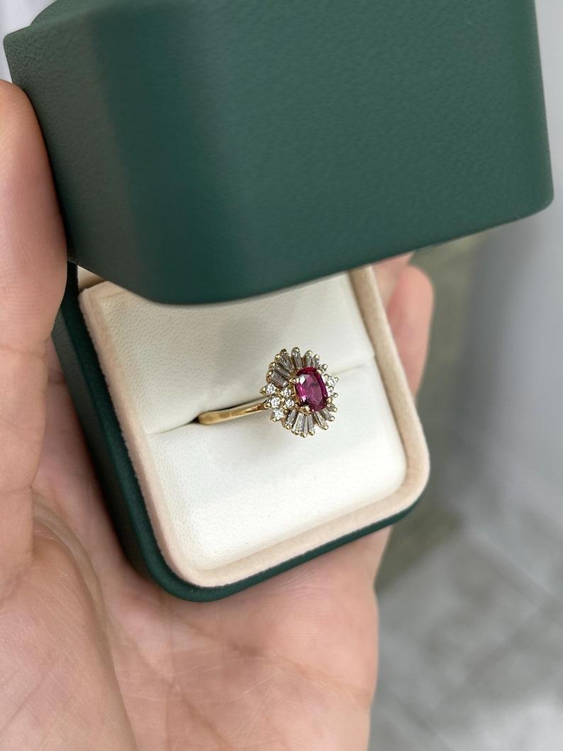 1.42tcw 14K Rubellite Tourmaline & Diamond Ballerina Ring Cushion-Oval Gold Ring For Sale 1