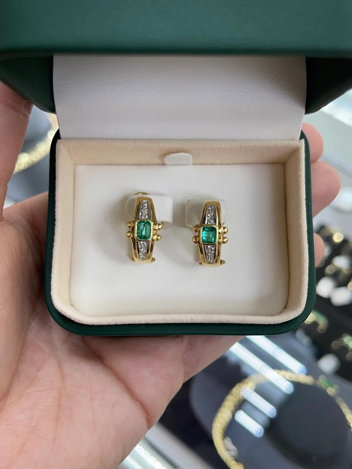 Renaissance 1.42tcw 18K Colombian Emerald & Diamond Vintage Leverback Two Toned Gold Earring For Sale