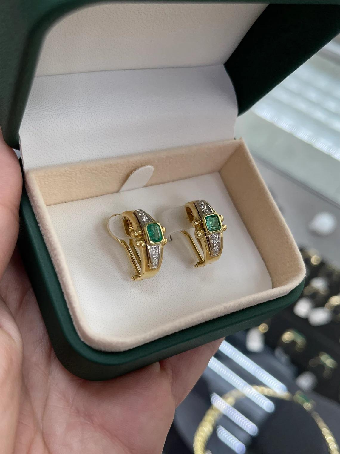 Emerald Cut 1.42tcw 18K Colombian Emerald & Diamond Vintage Leverback Two Toned Gold Earring For Sale