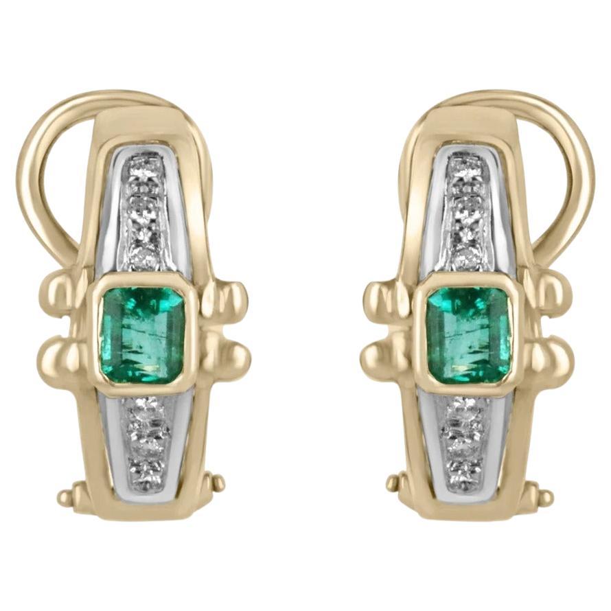 1.42tcw 18K Colombian Emerald & Diamond Vintage Leverback Two Toned Gold Earring For Sale