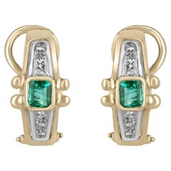 Boucles d'oreilles à levier vintage en or bicolore 18 carats avec émeraudes de Colombie et diamants 1,42 carat