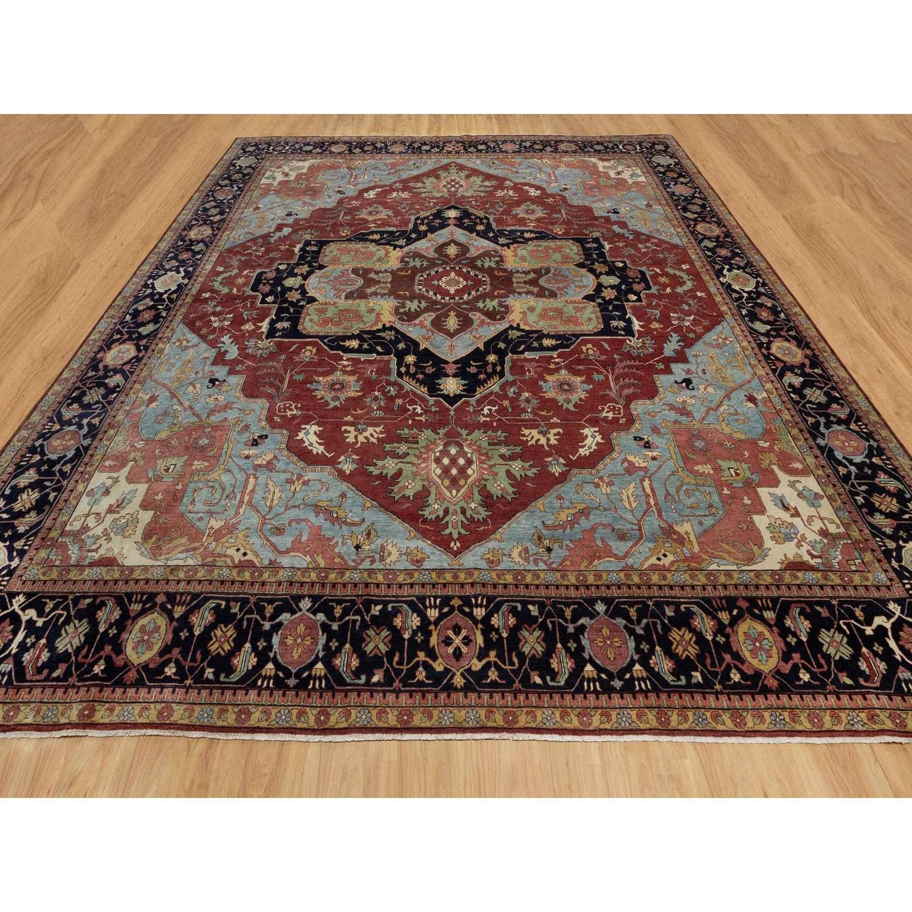 Brick Red, Hand Knotted, Hand Spun New Zealand Wool, Soft Pile, Vegetable Dyes, Antiqued Fine Heriz Re-Creation, Medallion Design, Square, Oriental Rug
Primary materials: Wool
Latex: No Pile 
height: 0.25 Inches
Style: Traditional
Primary color: