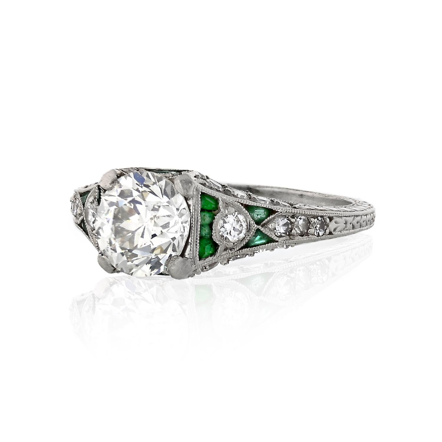 Round Cut 1.43 Carat Circular Brilliant Cut Diamond Platinum Art Deco Engagement Ring