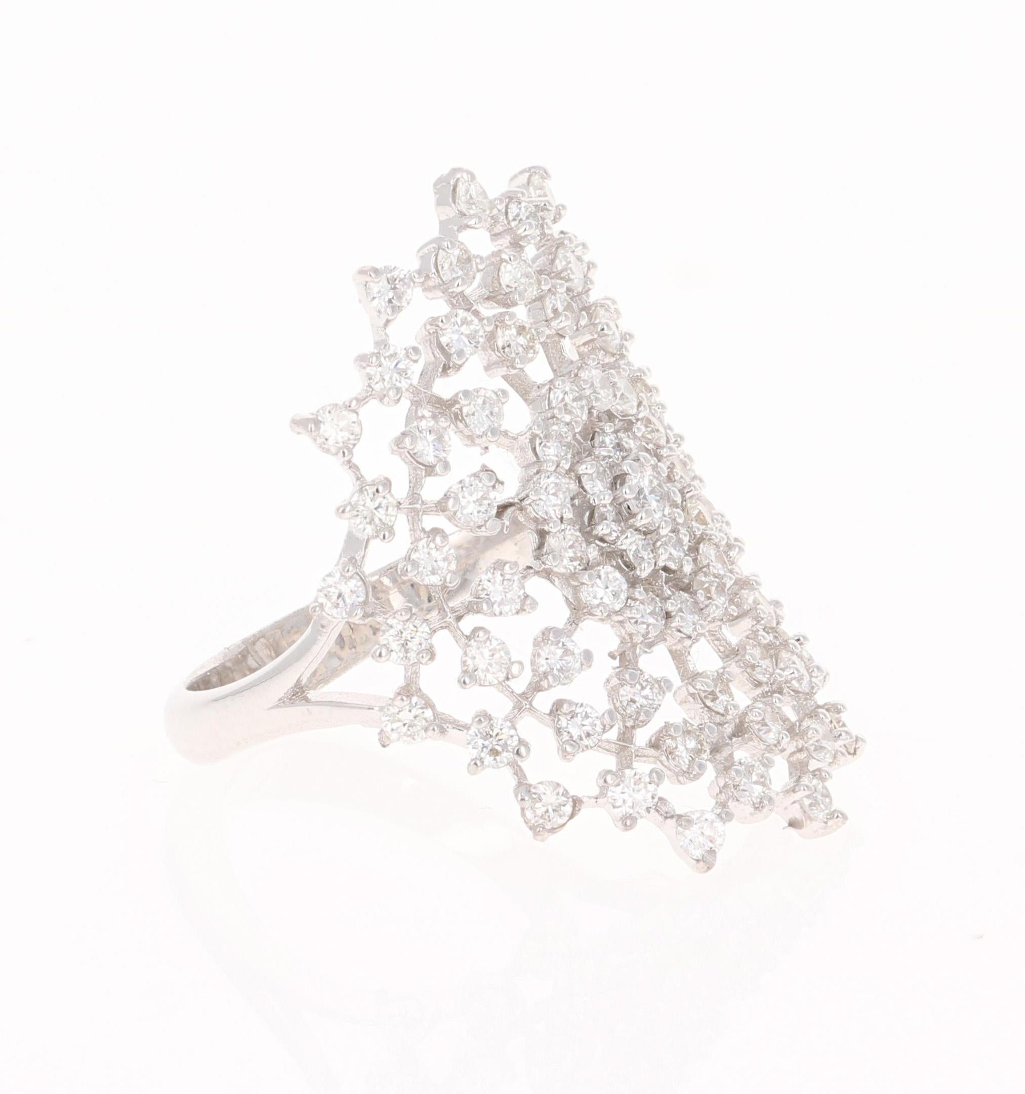 STATEMENT STATEMENT STATEMENT

A truly unique designed cocktail ring - a statement piece that makes your finger sparkle!! 

This beautiful ring has 79 Round Cut Diamonds that weigh 1.43 Carats and the clarity is SI1 and color is F.  The ring is
