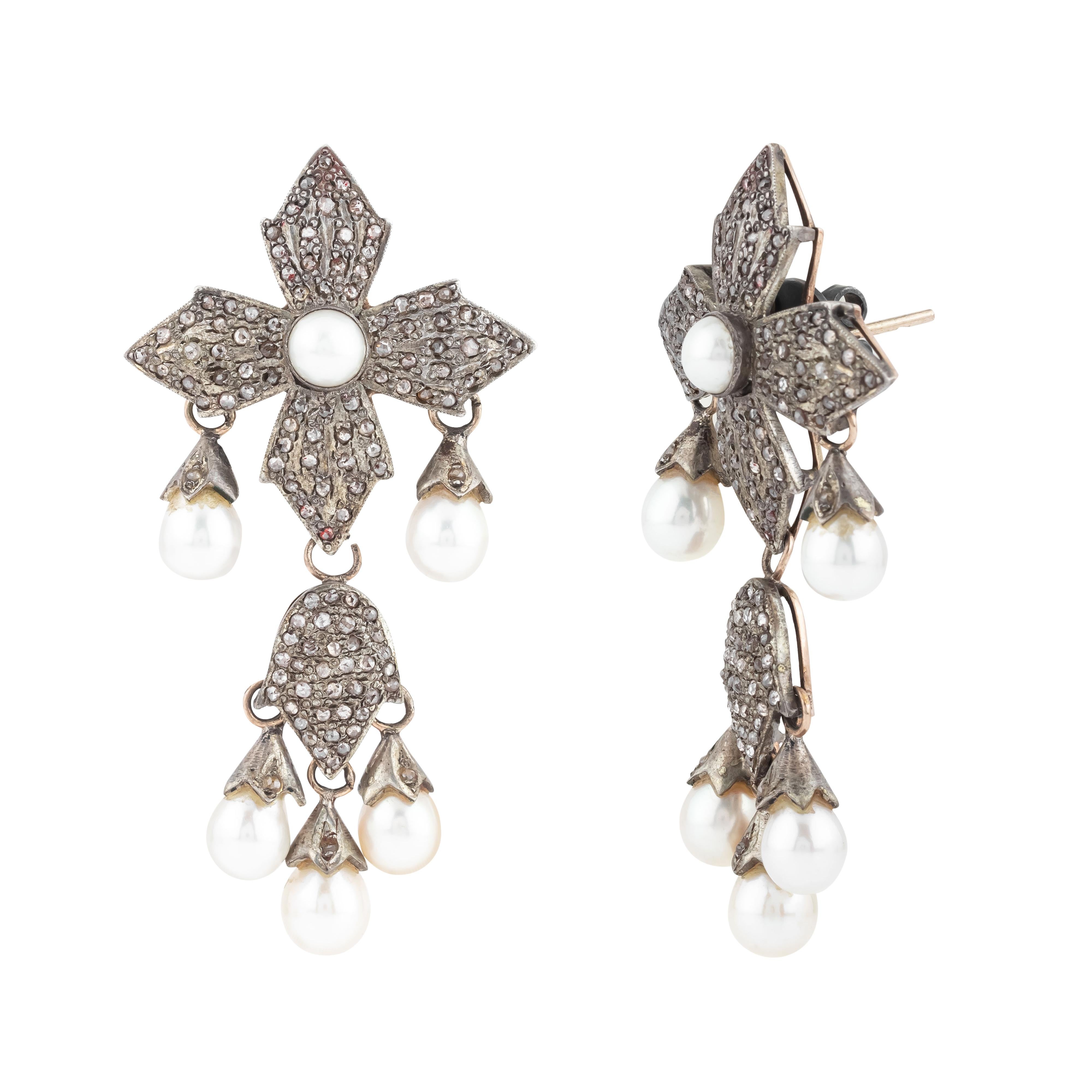 Brilliant Cut 14.3 Carat Diamond and Pearl Dangle Earrings For Sale