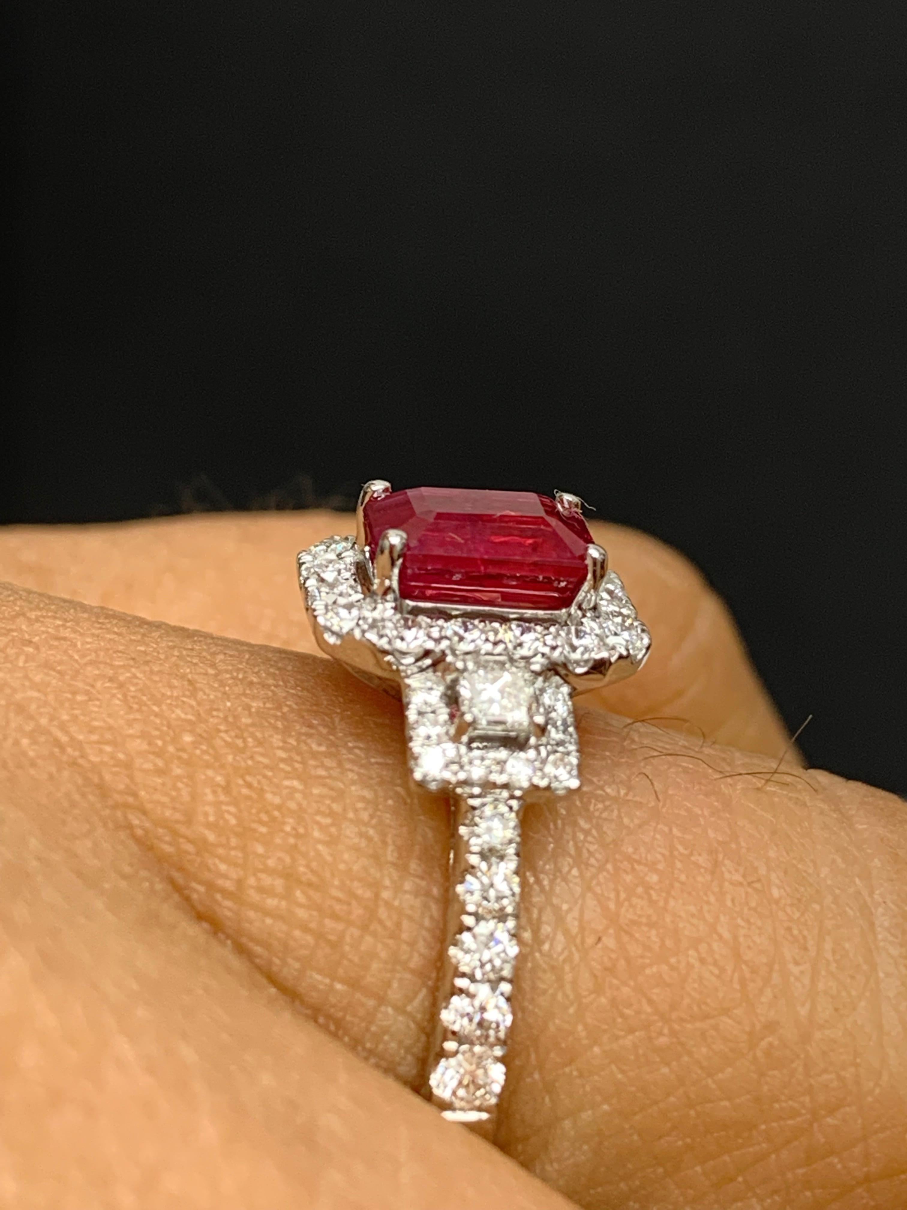 1.43 Carat Emerald Cut Ruby and Diamond Halo Ring in 18K White Gold For Sale 5
