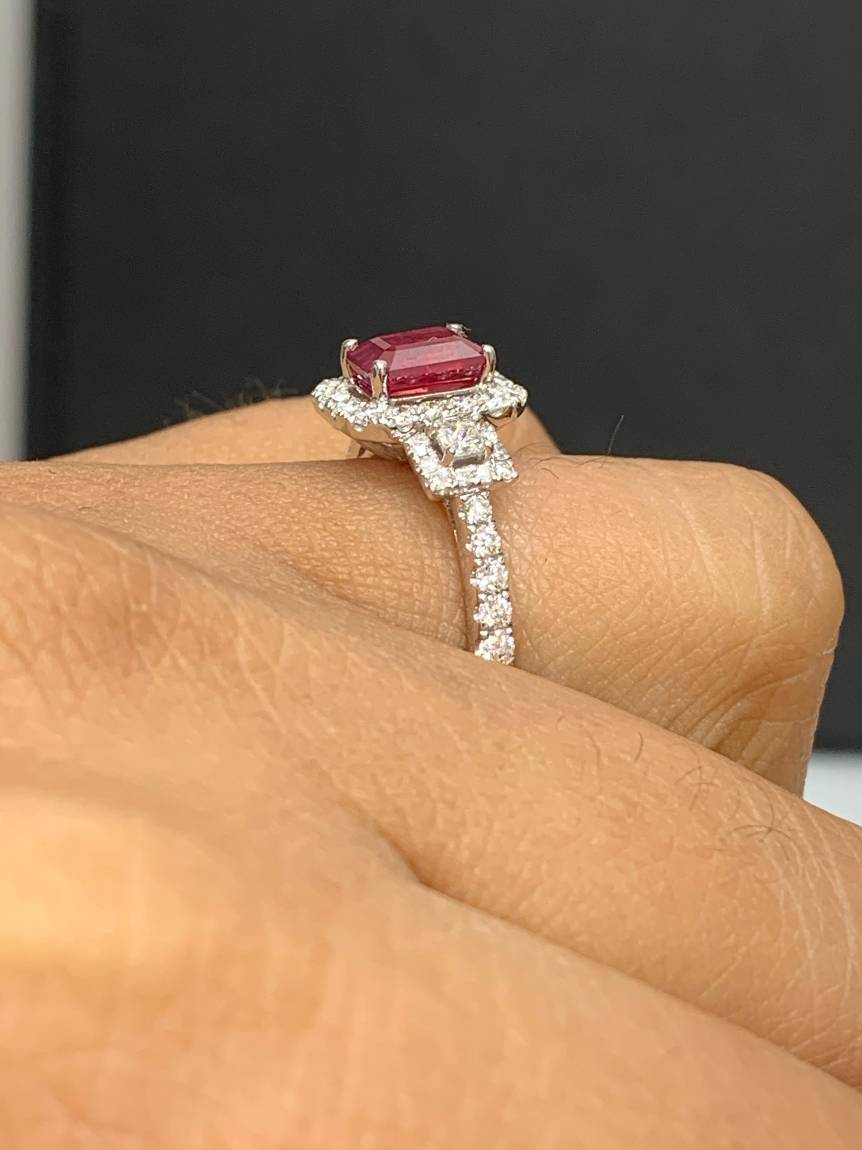 1.43 Carat Emerald Cut Ruby and Diamond Halo Ring in 18K White Gold For Sale 6