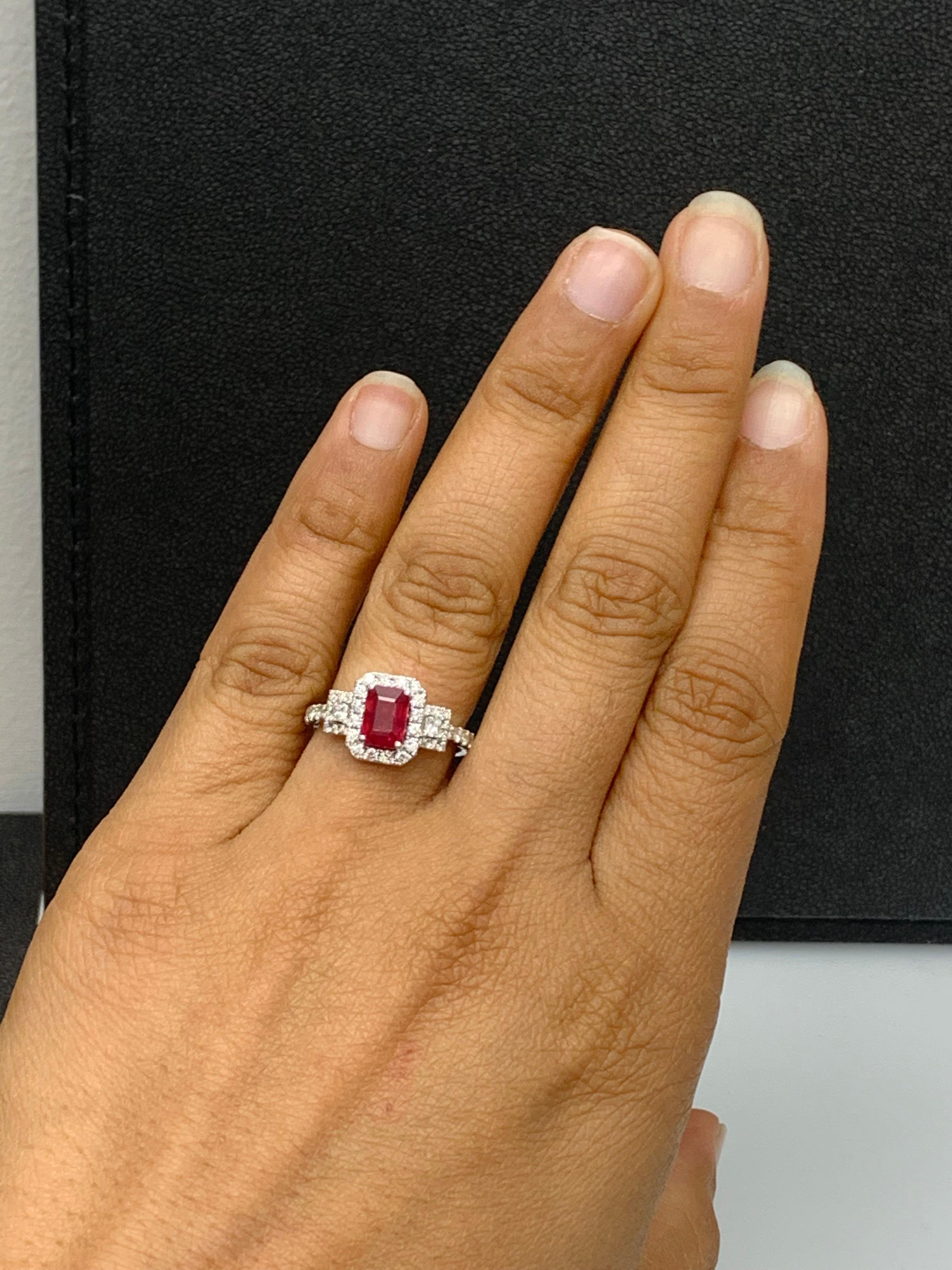 1.43 Carat Emerald Cut Ruby and Diamond Halo Ring in 18K White Gold For Sale 7