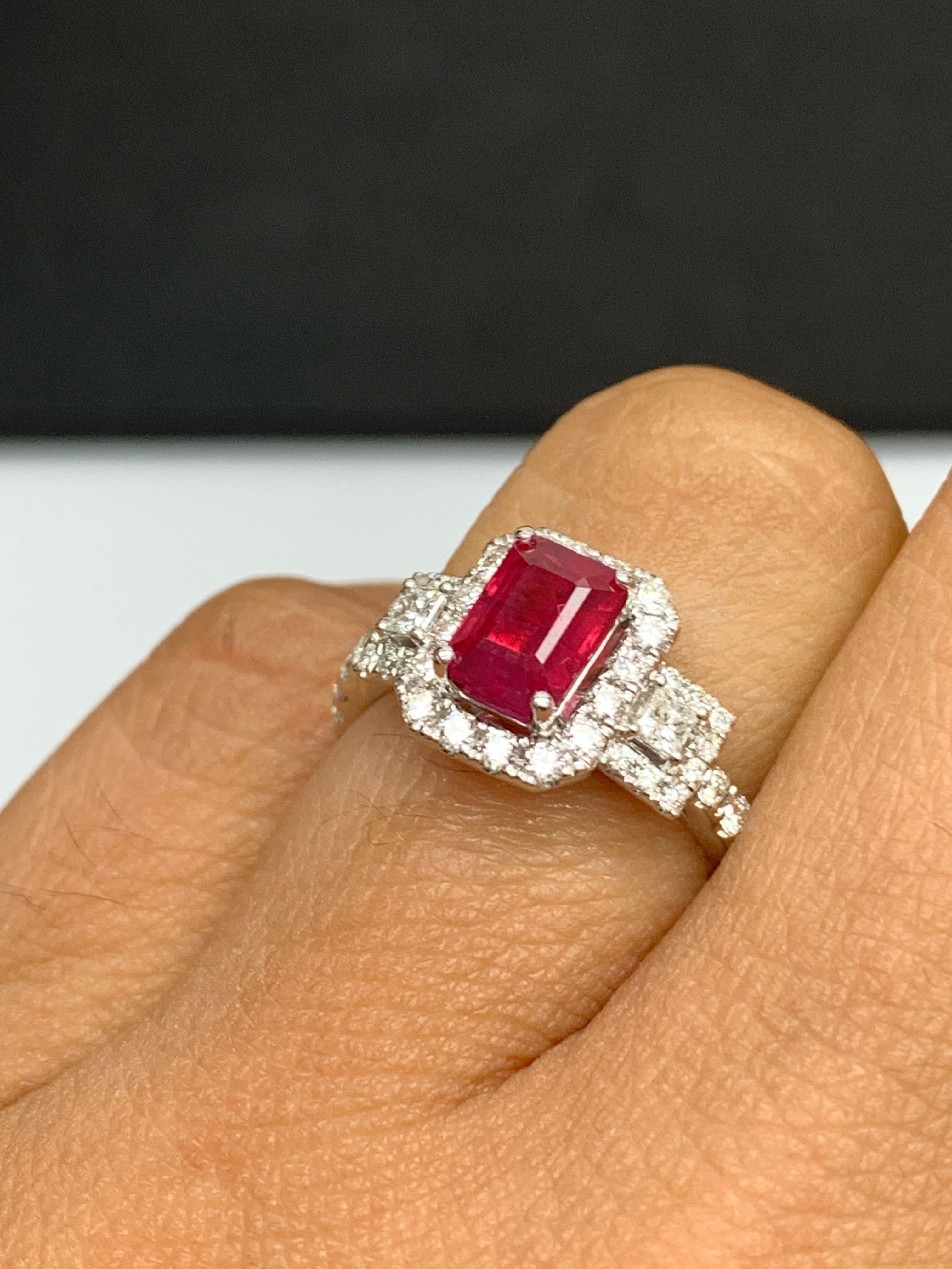 Modern 1.43 Carat Emerald Cut Ruby and Diamond Halo Ring in 18K White Gold For Sale