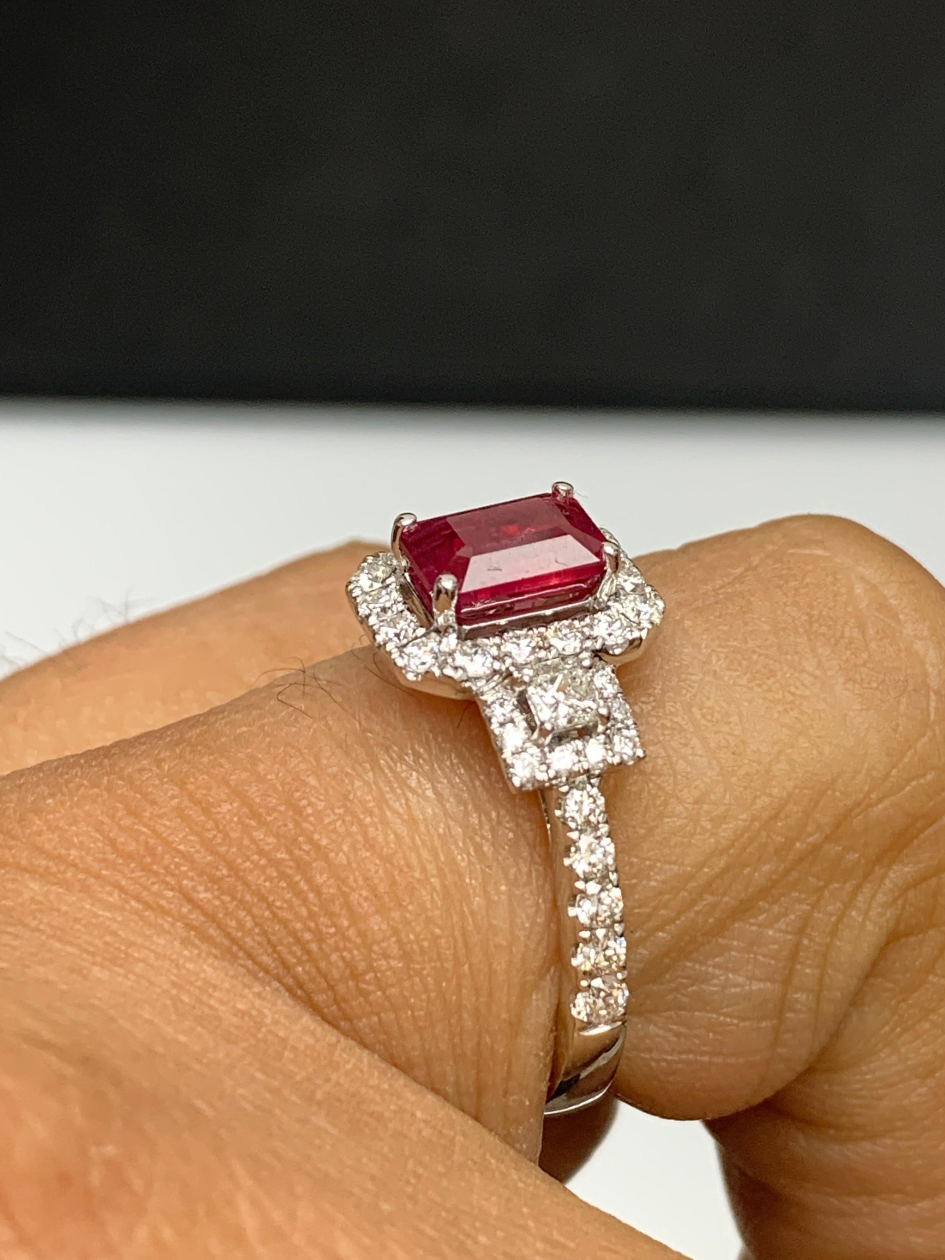 1.43 Carat Emerald Cut Ruby and Diamond Halo Ring in 18K White Gold In New Condition For Sale In NEW YORK, NY