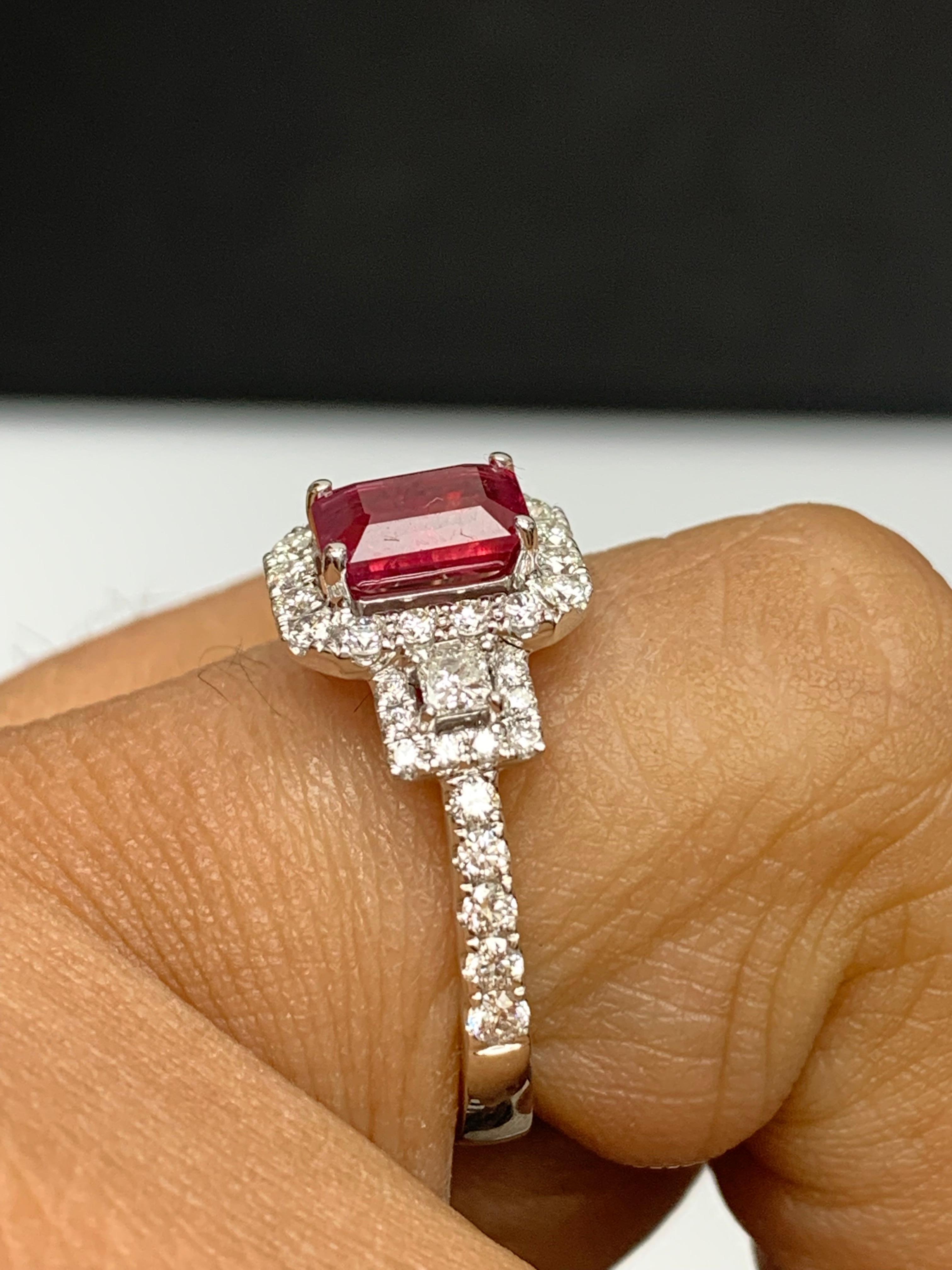 Women's 1.43 Carat Emerald Cut Ruby and Diamond Halo Ring in 18K White Gold For Sale