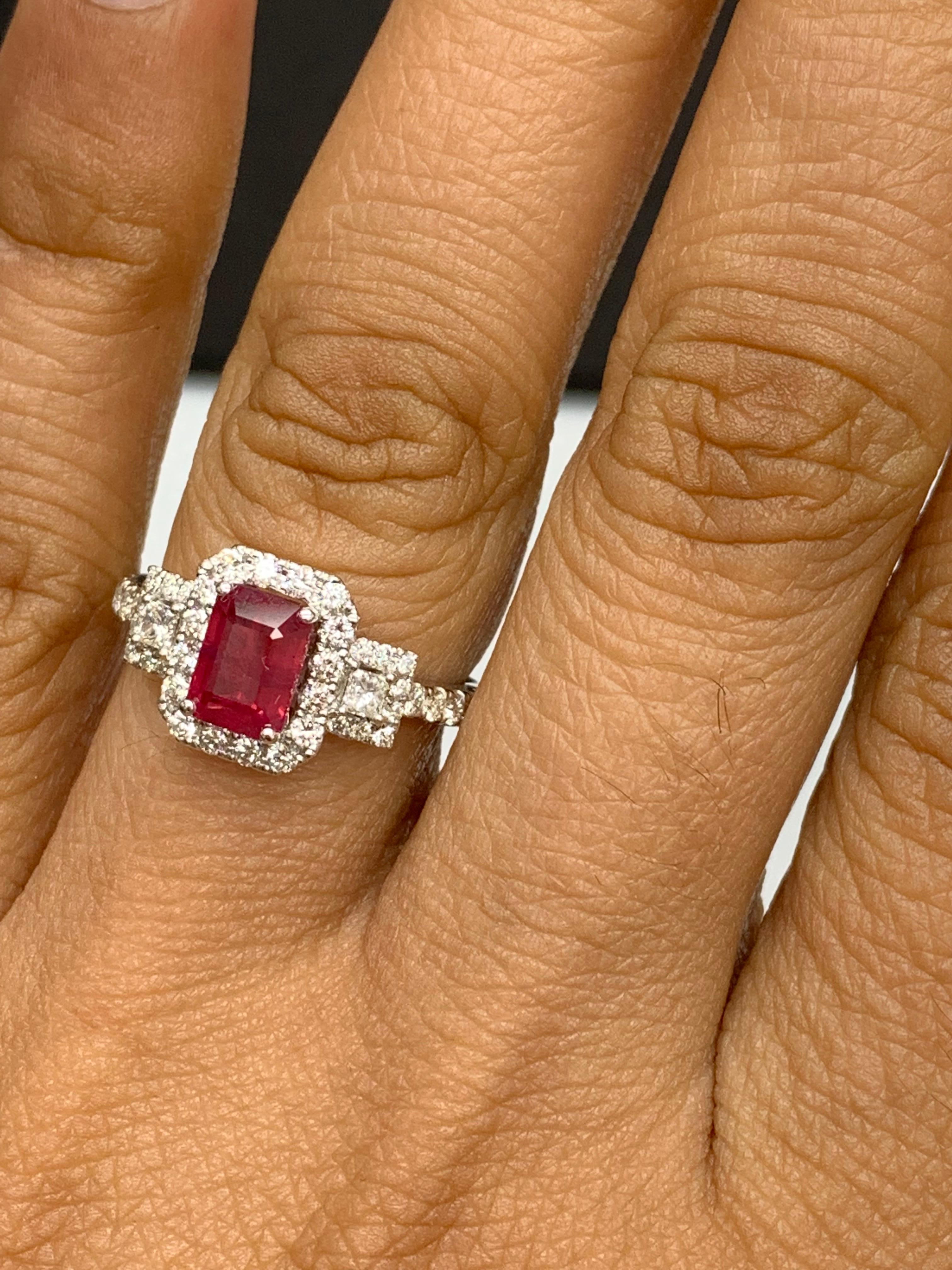 1.43 Carat Emerald Cut Ruby and Diamond Halo Ring in 18K White Gold For Sale 1