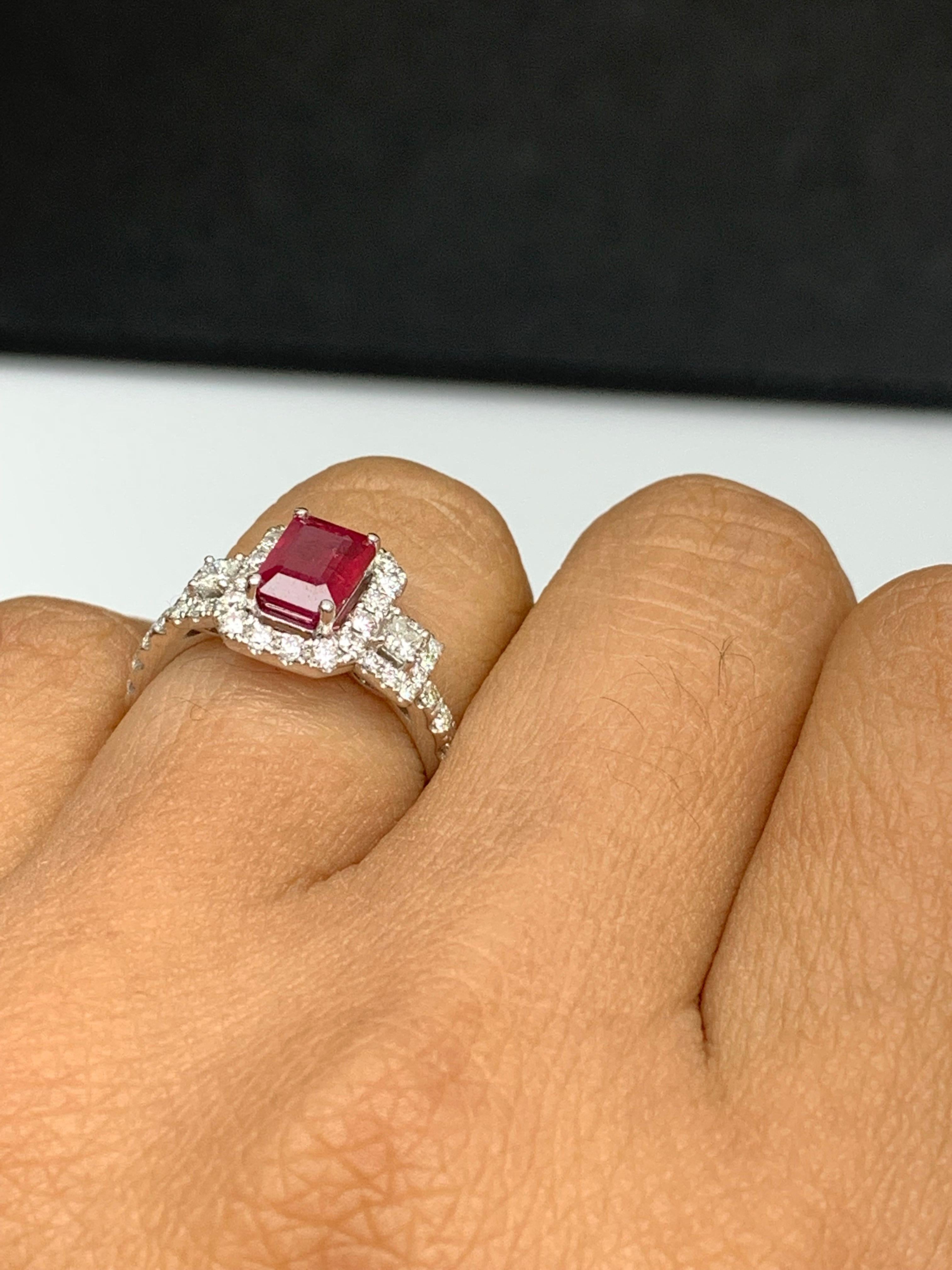 1.43 Carat Emerald Cut Ruby and Diamond Halo Ring in 18K White Gold For Sale 2