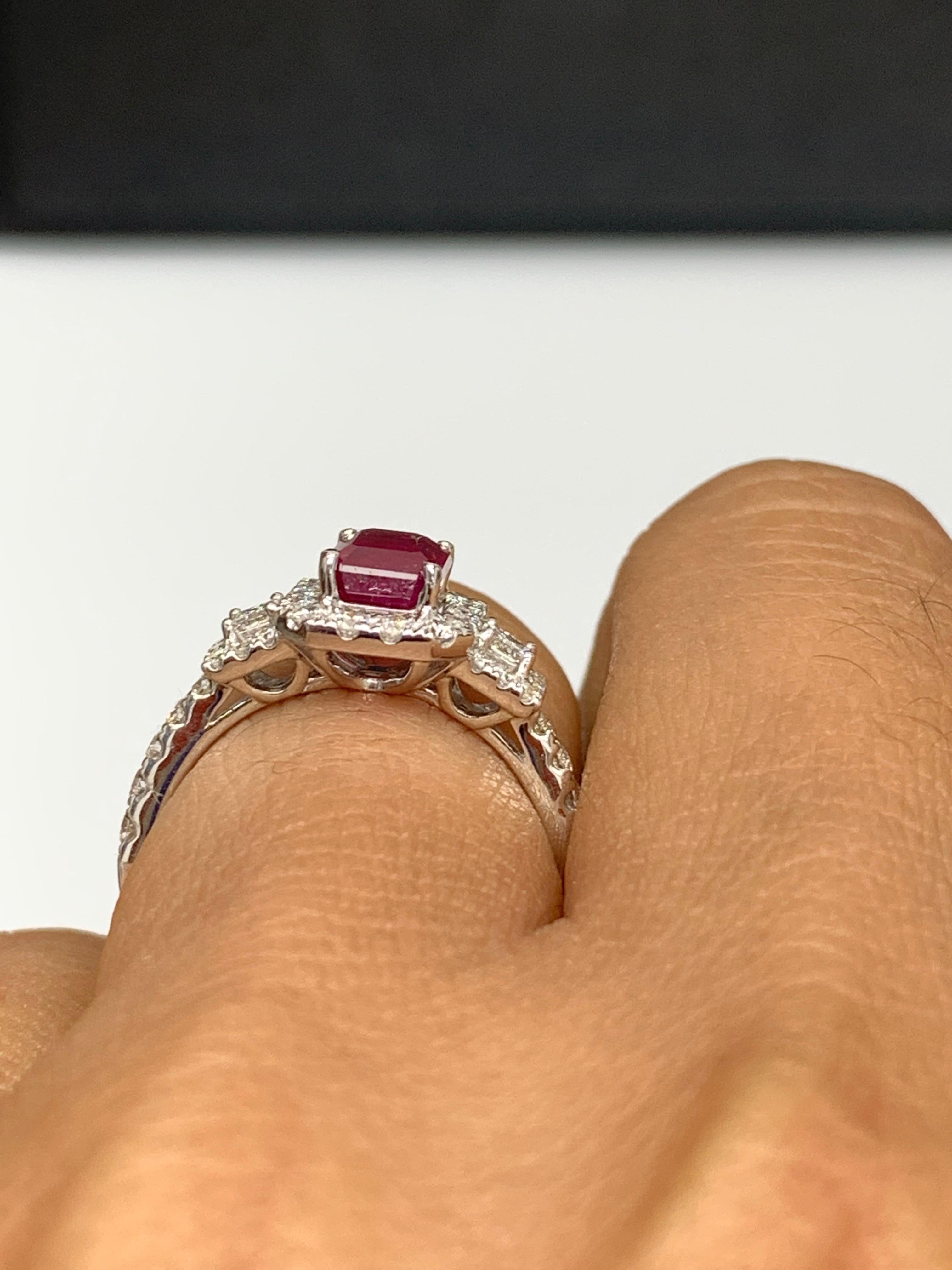 1.43 Carat Emerald Cut Ruby and Diamond Halo Ring in 18K White Gold For Sale 3
