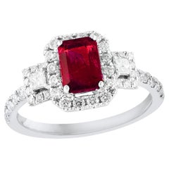 1.43 Carat Emerald Cut Ruby and Diamond Halo Ring in 18K White Gold