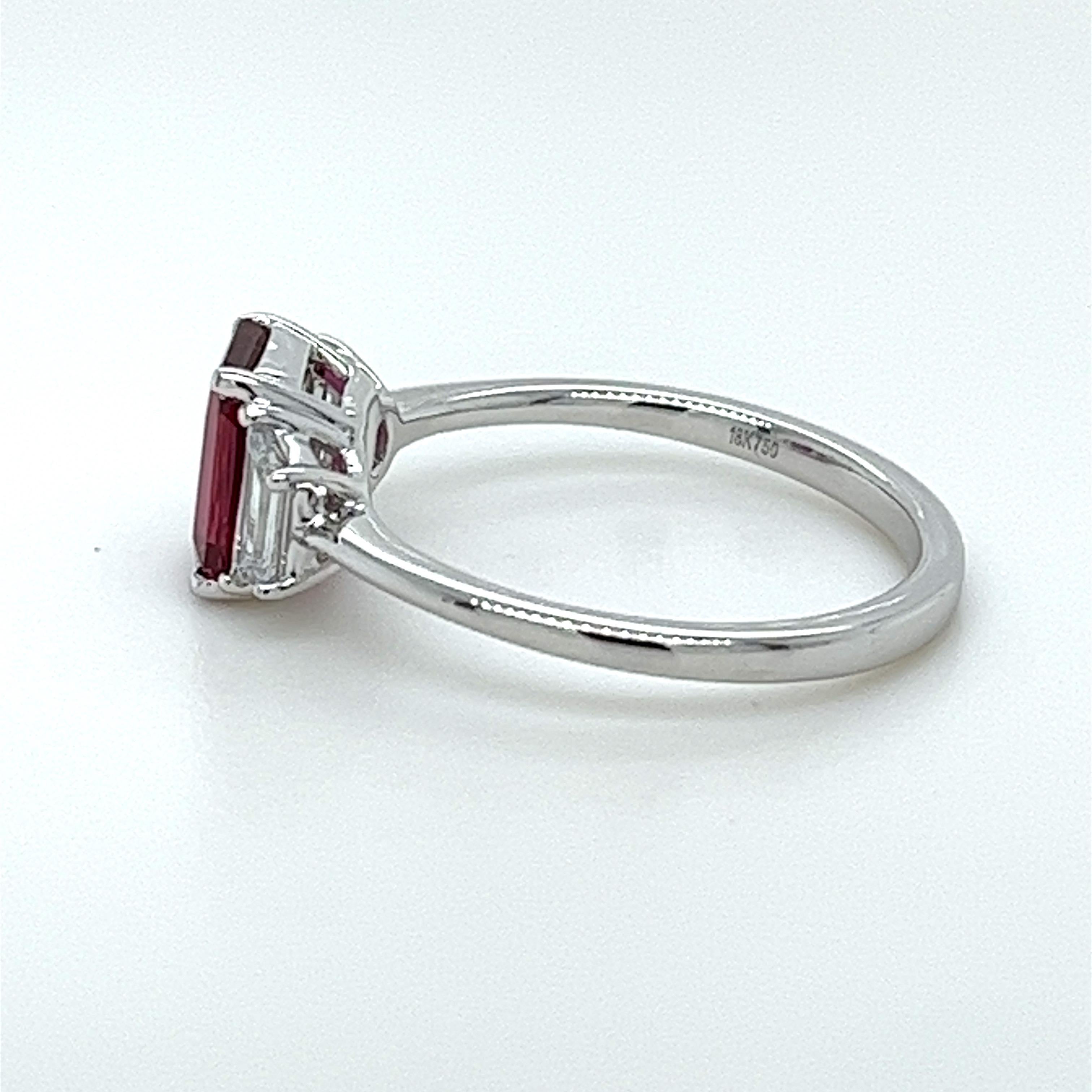 Modern NO HEAT 1.43 Carat Emerald Cut Ruby & Diamond Ring in 18 Karat White Gold For Sale