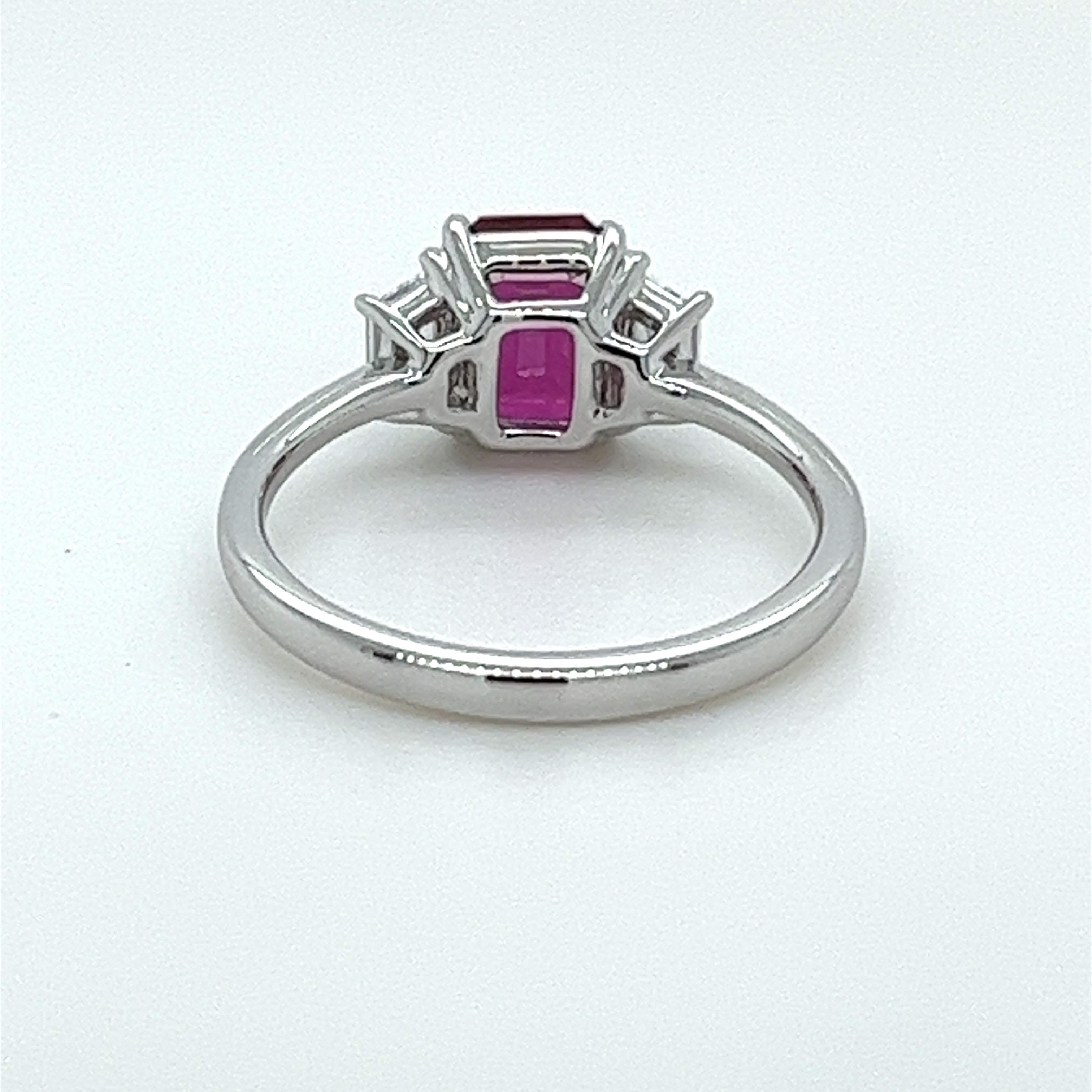 NO HEAT 1.43 Carat Emerald Cut Ruby & Diamond Ring in 18 Karat White Gold In New Condition For Sale In Great Neck, NY