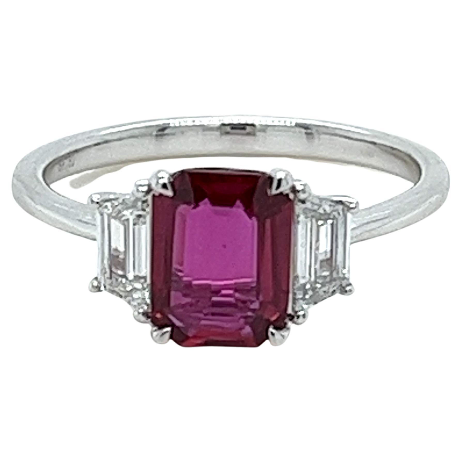 NO HEAT 1.43 Carat Emerald Cut Ruby & Diamond Ring in 18 Karat White Gold For Sale
