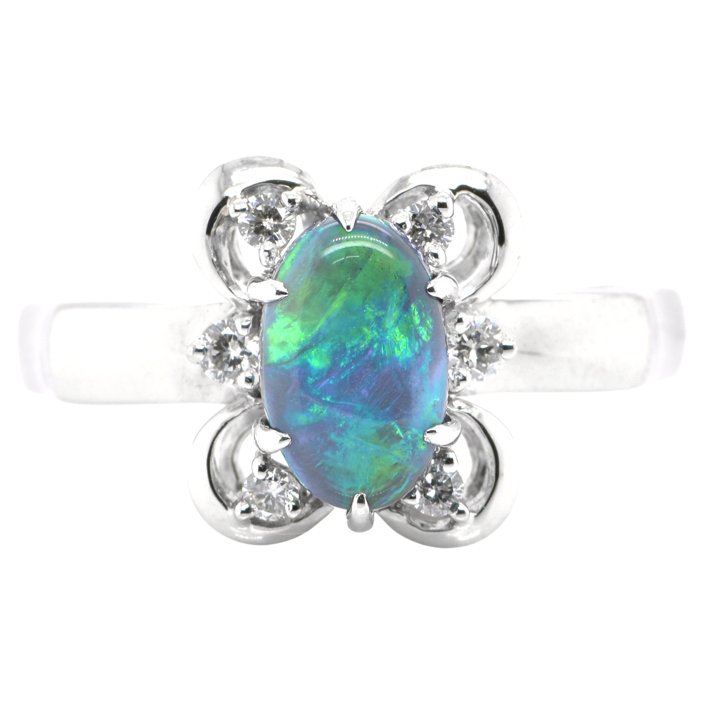 1.43 Carat Natural Black Opal & Diamond Butterfly Cocktail Ring Set in Platinum