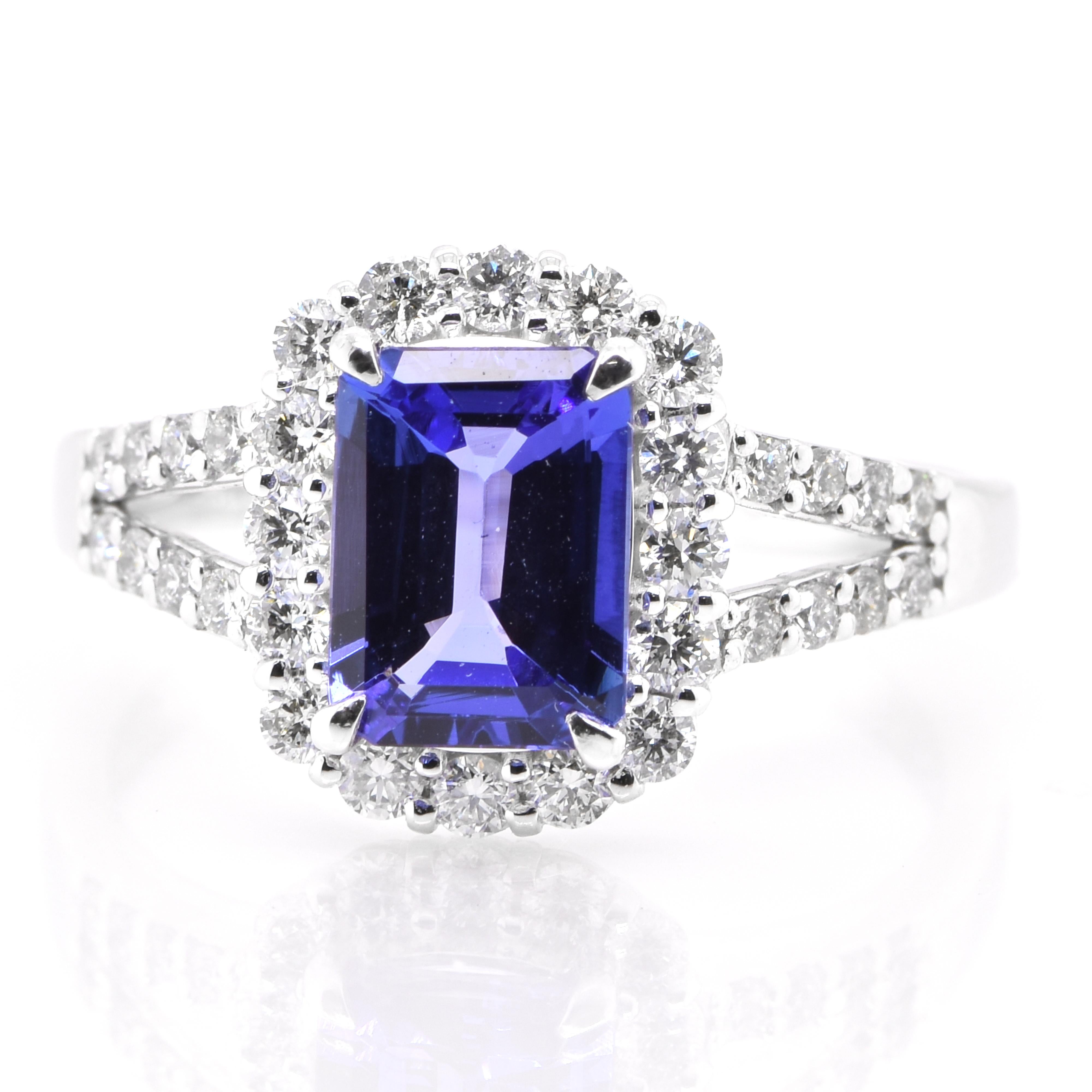 A beautiful ring featuring a 1.43 Carat Natural Tanzanite and 0.51 Carats of Diamond Accents set in Platinum. Tanzanite's name was given by Tiffany and Co after its only known source: Tanzania. Tanzanite displays beautiful pleochroic colors meaning