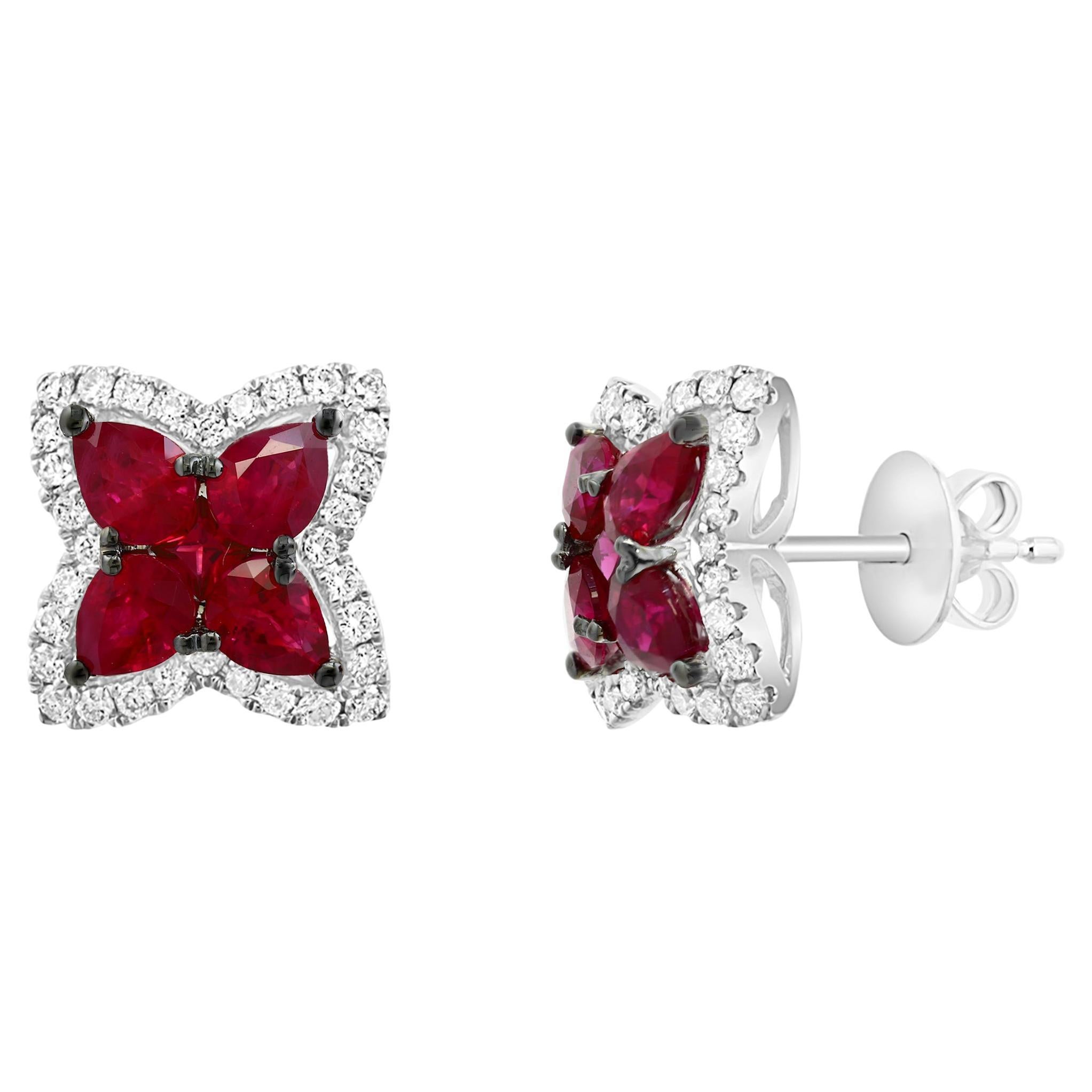 Clous d'oreilles en or blanc 18 carats avec rubis et diamants en forme de poire de 1,43 carat