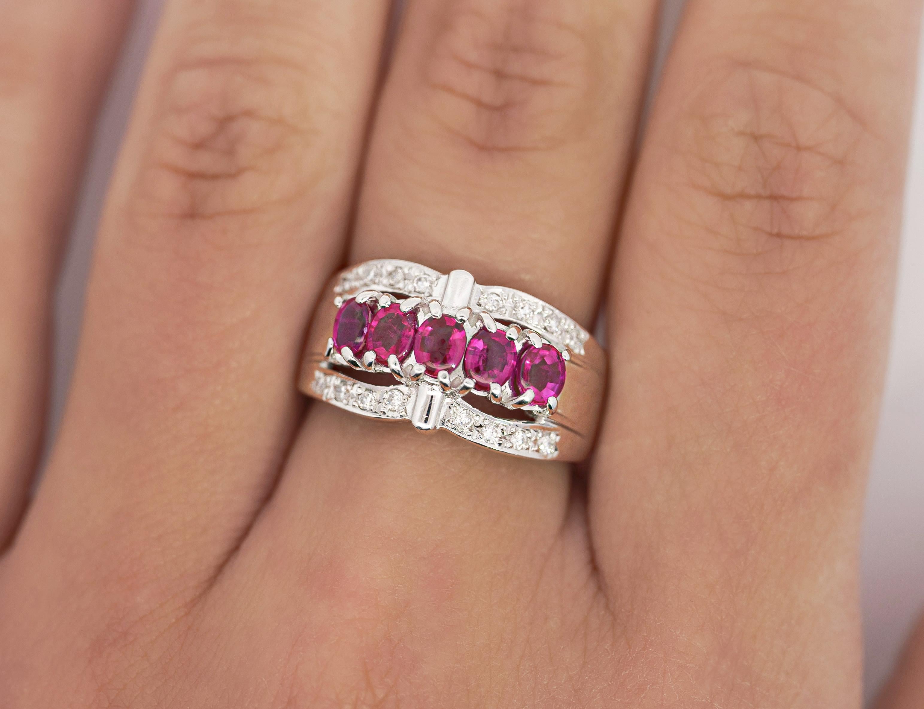 Baroque 1.43 Carat Pinkish Red Ruby and Diamond Cluster Platinum Dome Ring For Sale