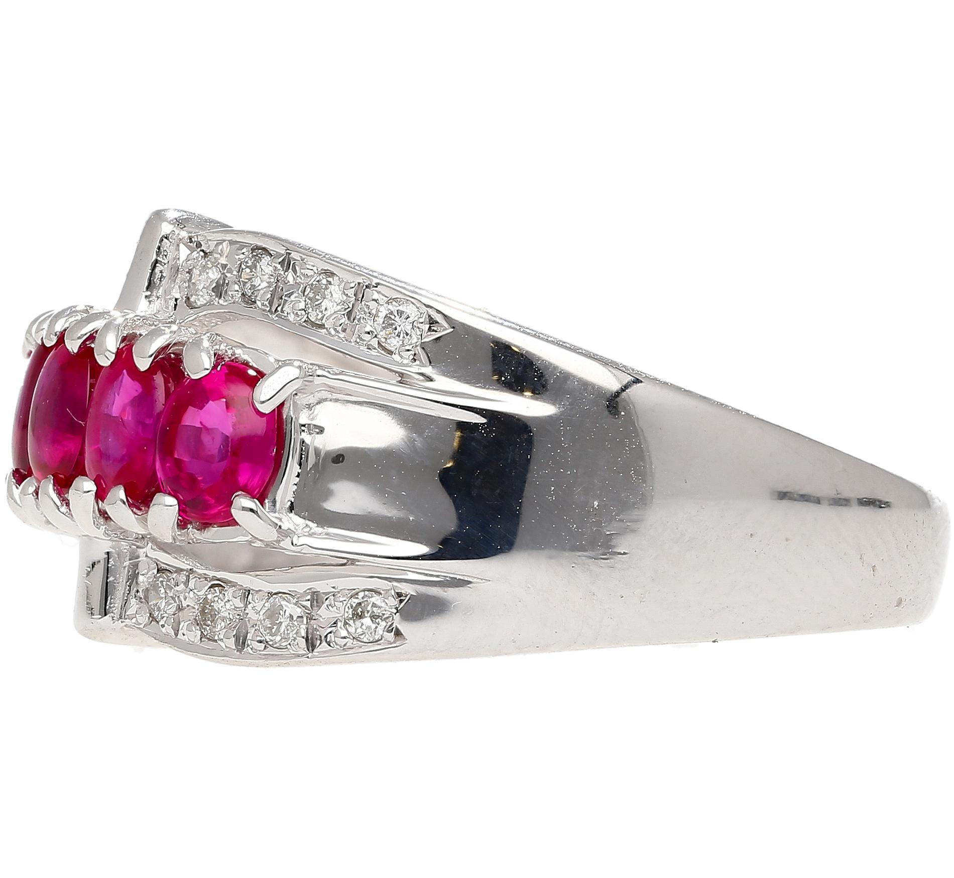 1.43 Carat Pinkish Red Ruby and Diamond Cluster Platinum Dome Ring In Excellent Condition For Sale In Miami, FL