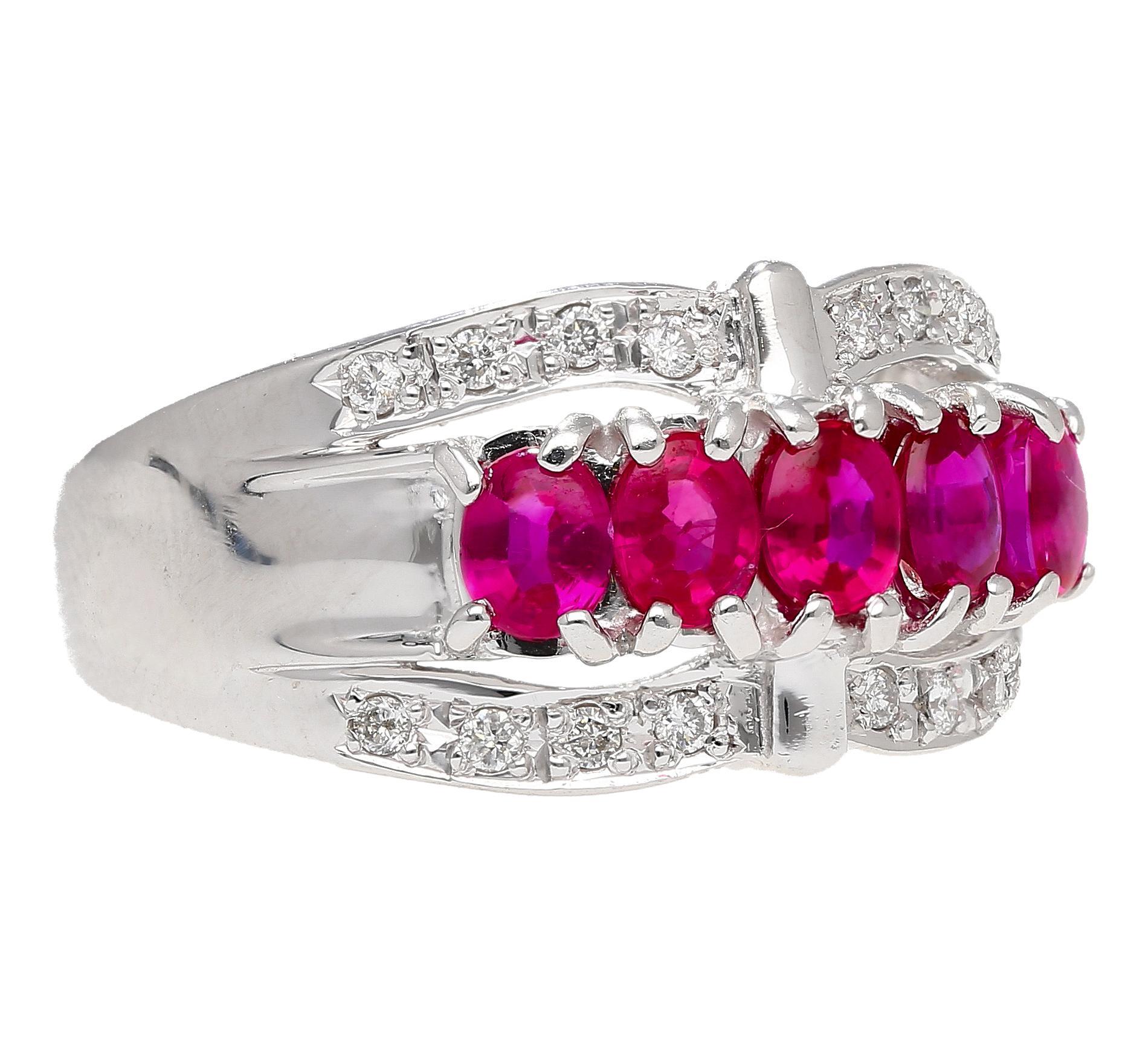 Women's or Men's 1.43 Carat Pinkish Red Ruby and Diamond Cluster Platinum Dome Ring For Sale