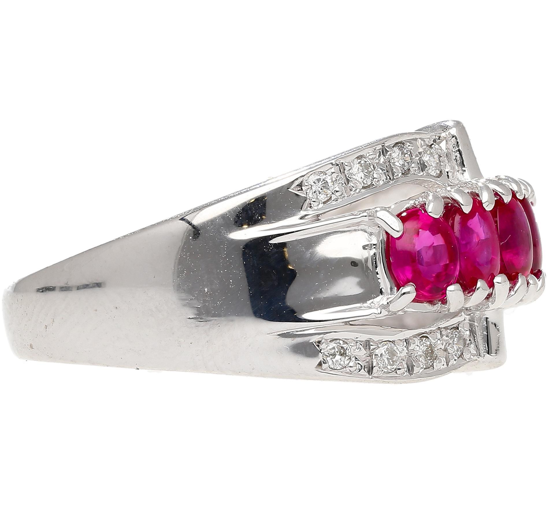 1.43 Carat Pinkish Red Ruby and Diamond Cluster Platinum Dome Ring For Sale 1