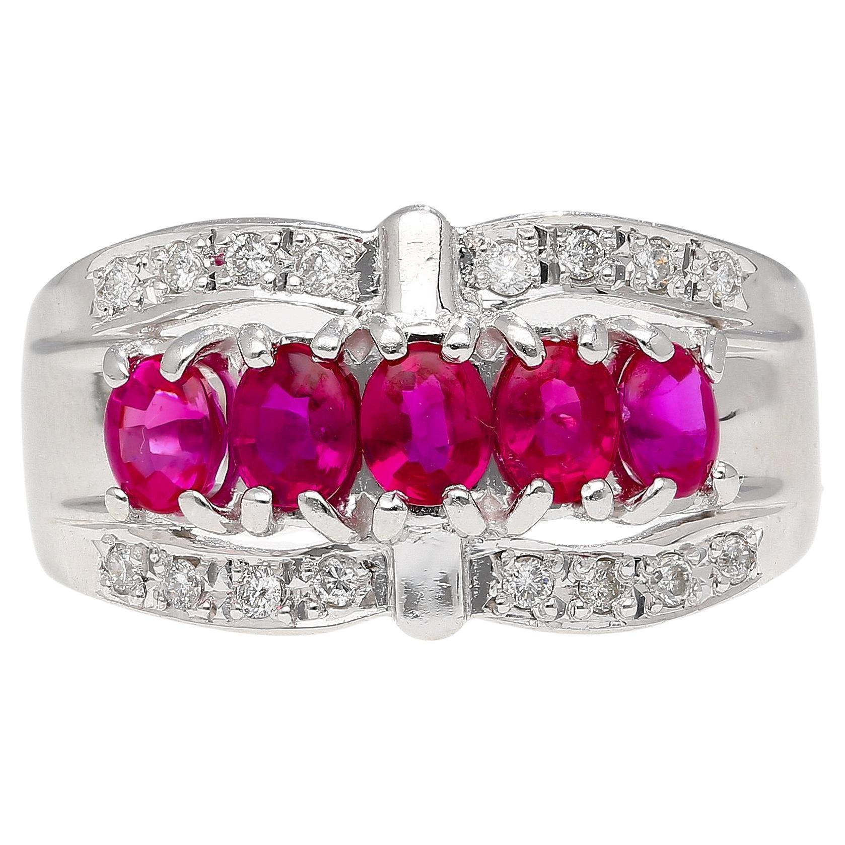1.43 Carat Pinkish Red Ruby and Diamond Cluster Platinum Dome Ring For Sale
