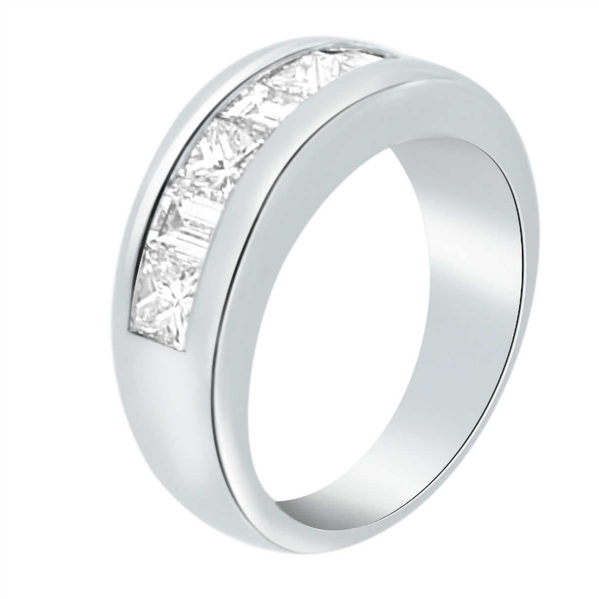 This Platinum handcrafted Women's band showcases alternating Princess Cut & Baguette diamonds on a seven (7) MM wide tapered band. The band is in a polished finish.

Diamond Weight : 1.43 Carats
Diamond Color: H
Diamond Clarity: VS2-SI1
Finger size
